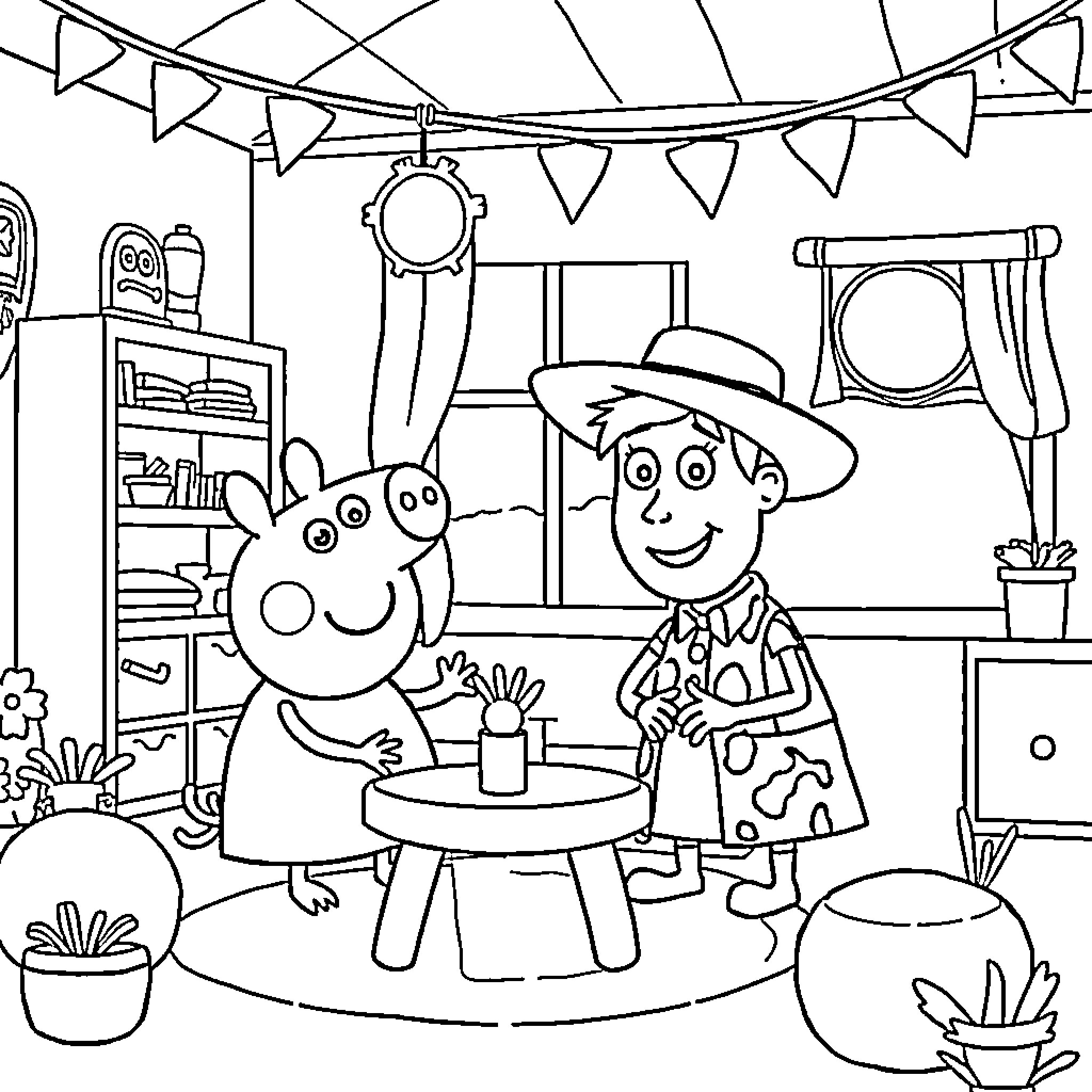Woody's Cozy Cabin Gathering Coloring Page (free black-and-white line drawing printable PDF for all, from beginners to advanced learners, including children, teens, adults, and seniors)