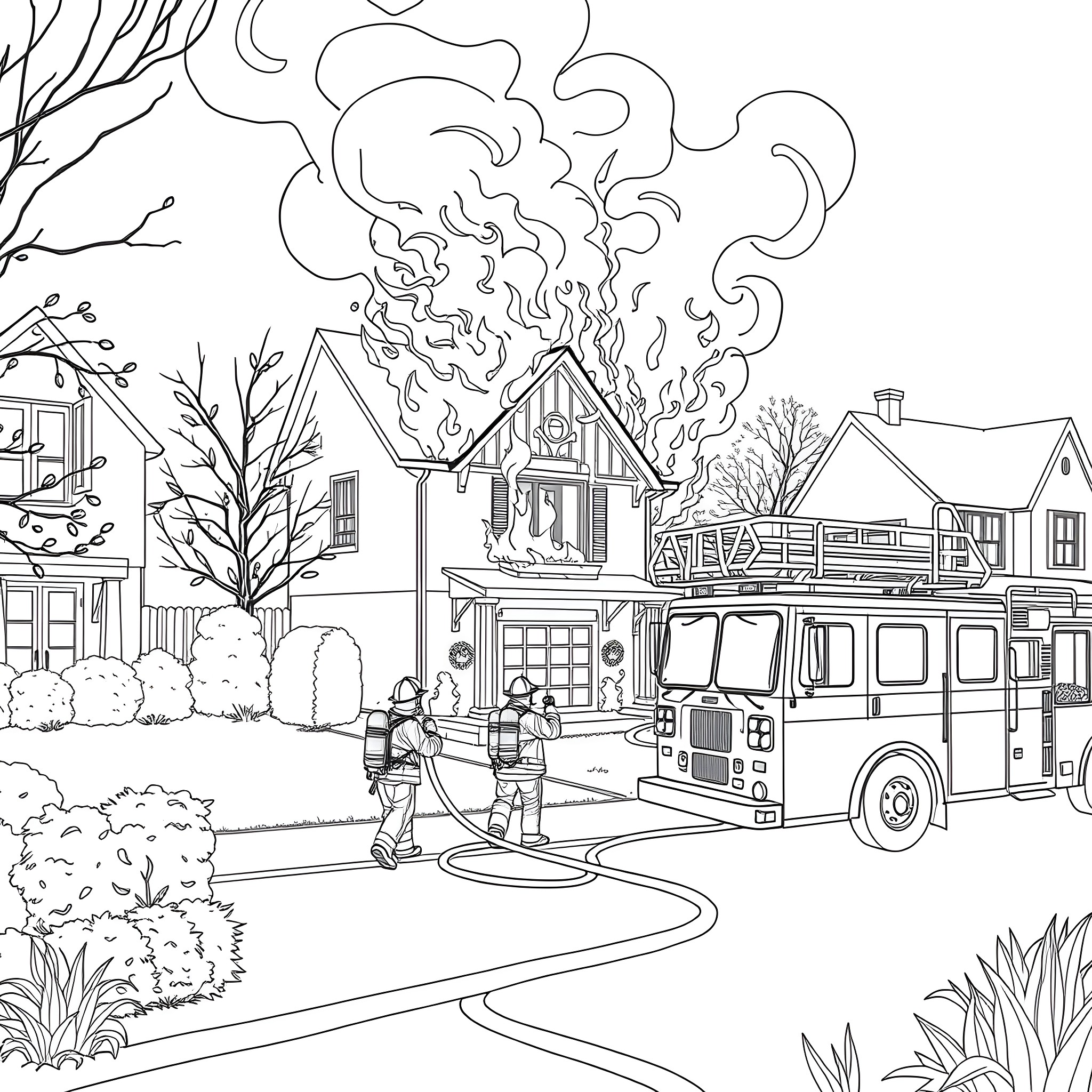 Firefighters Responding to a House Fire Coloring Page (free black-and-white line drawing printable PDF for all, from beginners to advanced learners, including children, teens, adults, and seniors)