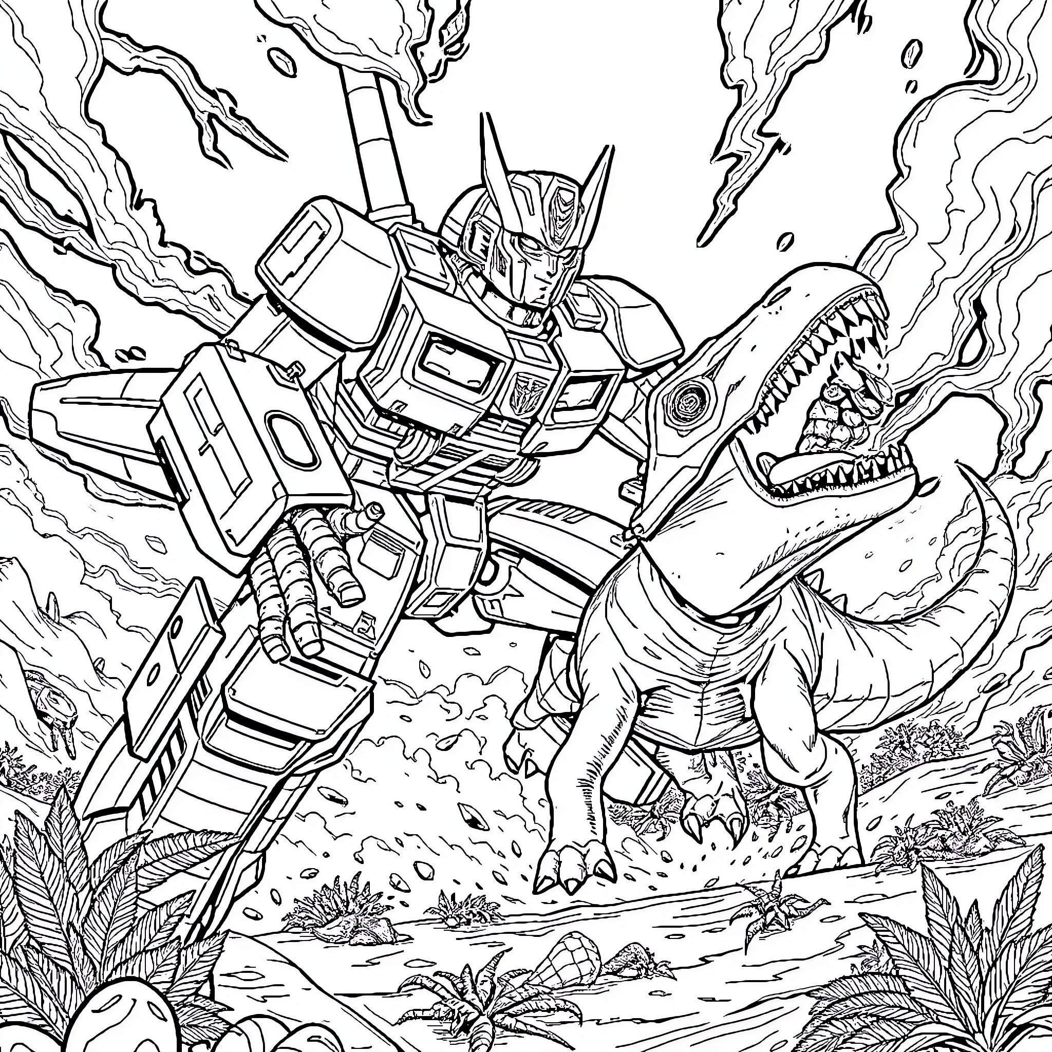 Transformer Combating Fearsome Dinosaur in Rugged Landscape Coloring Page (free black-and-white line drawing printable PDF for all, from beginners to advanced learners, including children, teens, adults, and seniors)