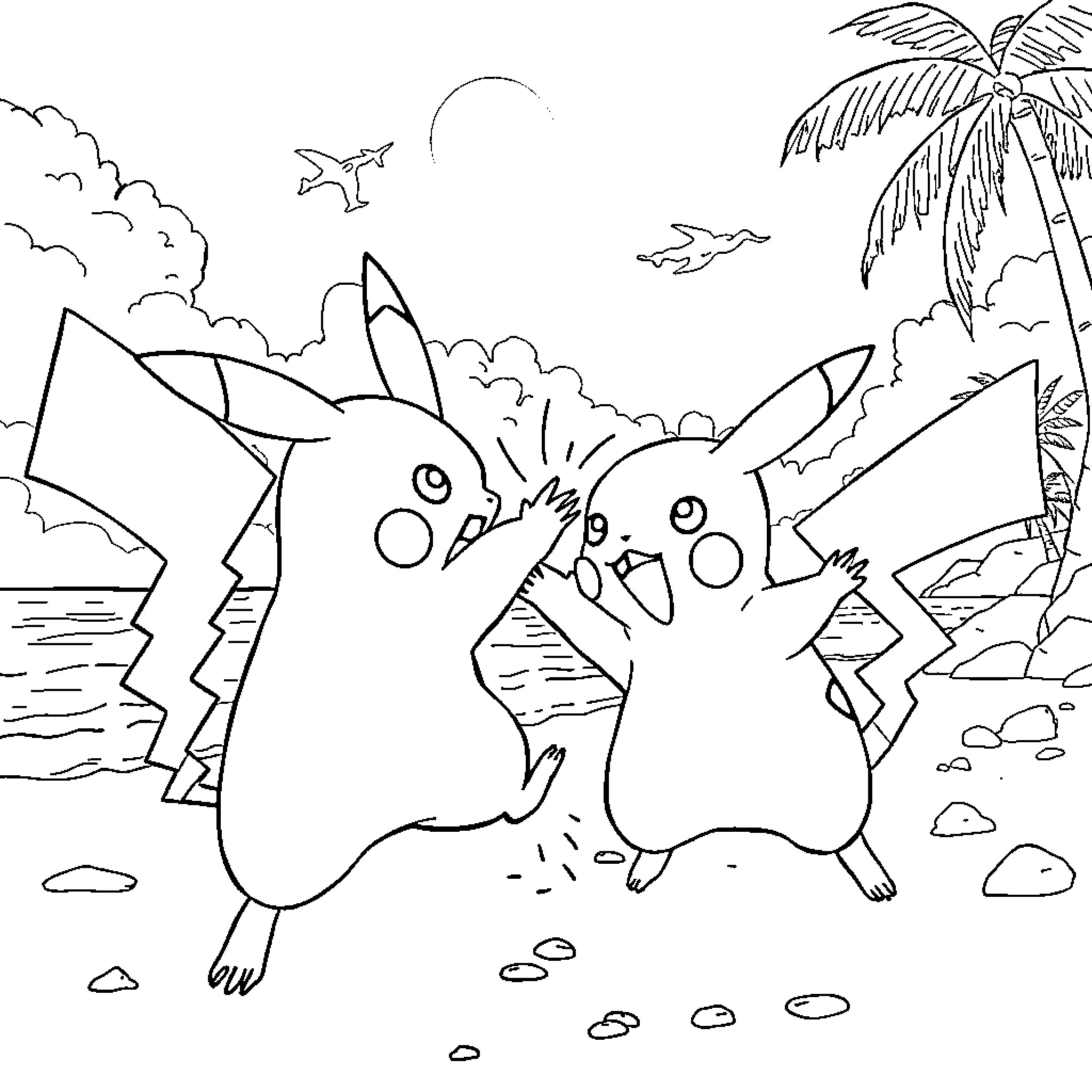 Pikachu's Tropical Adventure Coloring Page (free black-and-white line drawing printable PDF for all, from beginners to advanced learners, including children, teens, adults, and seniors)