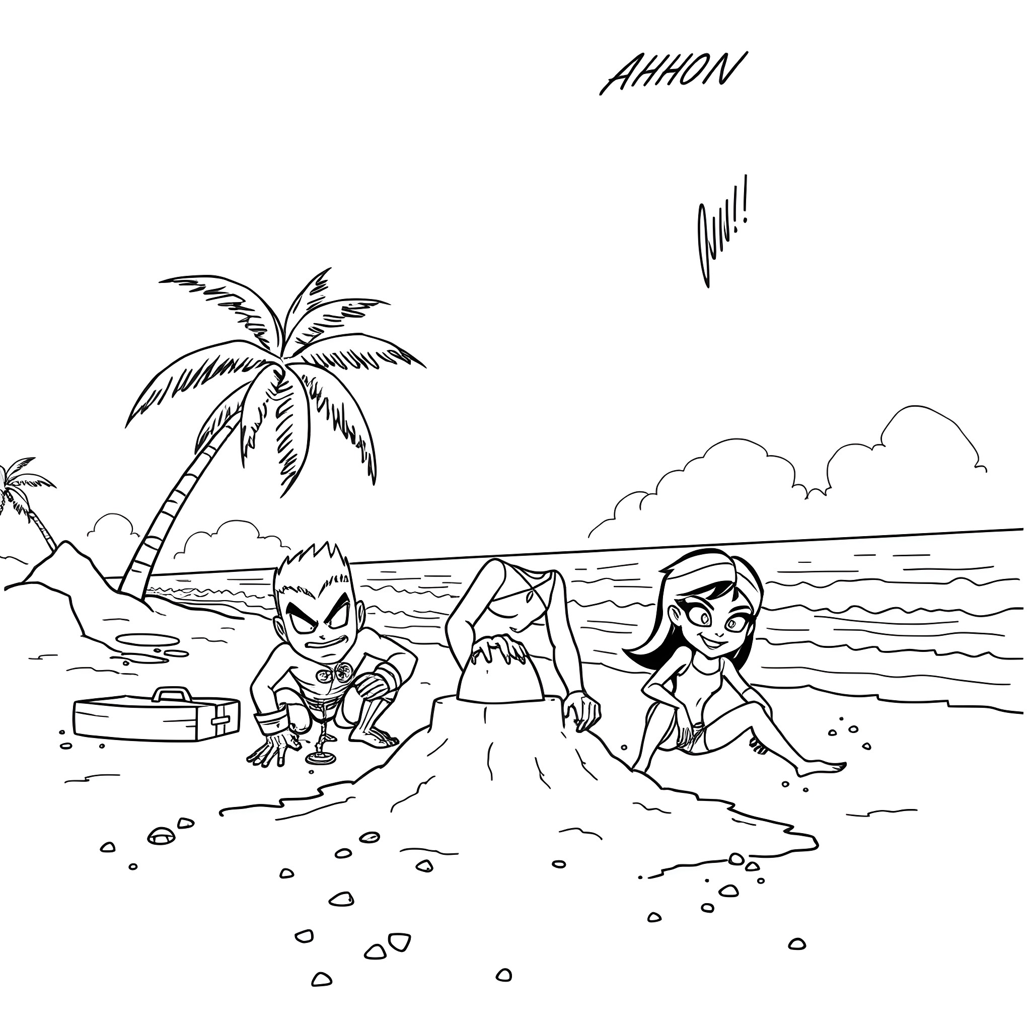 Teen Titans enjoying a day at the beach Coloring Page (free black-and-white line drawing printable PDF for all, from beginners to advanced learners, including children, teens, adults, and seniors)