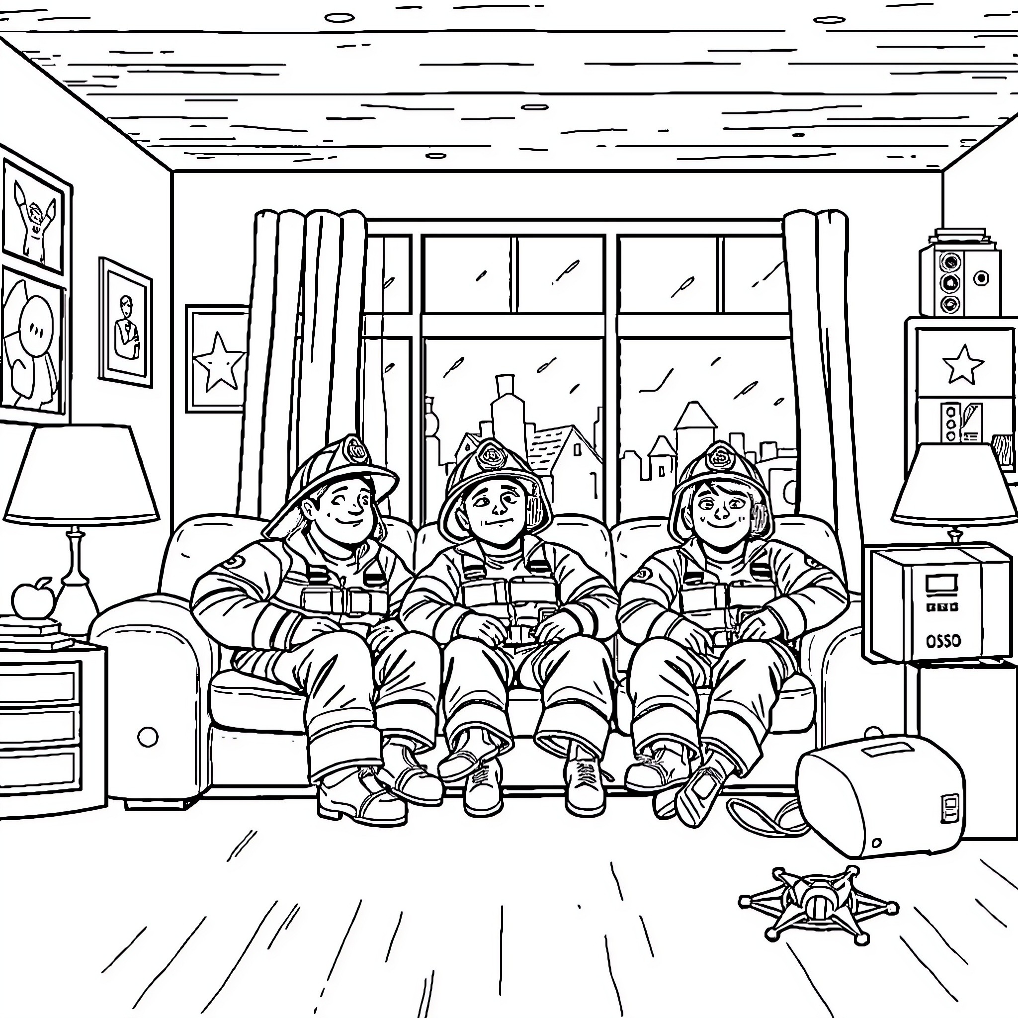 Firefighters relaxing at the station Coloring Page (free black-and-white line drawing printable PDF for all, from beginners to advanced learners, including children, teens, adults, and seniors)
