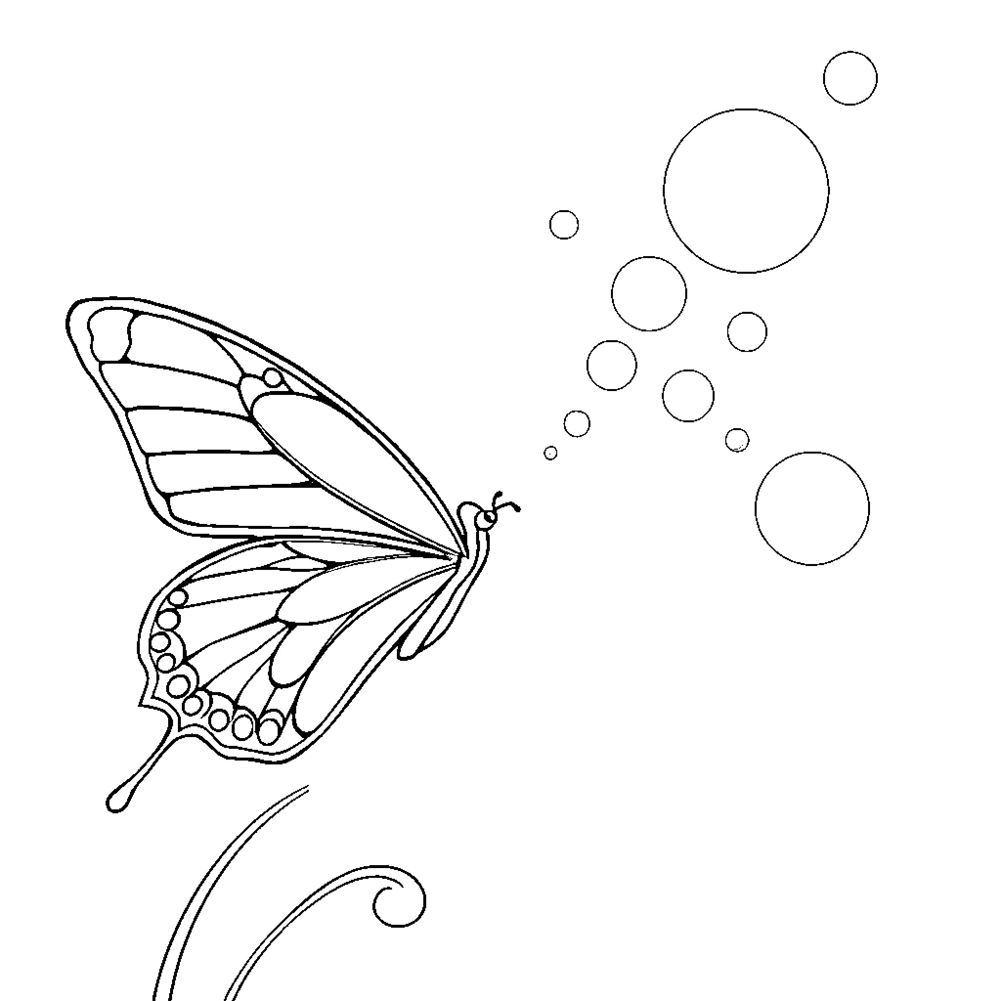 Butterfly ascending with swirling bubbles Coloring Page (free black-and-white line drawing printable PDF for all, from beginners to advanced learners, including children, teens, adults, and seniors)