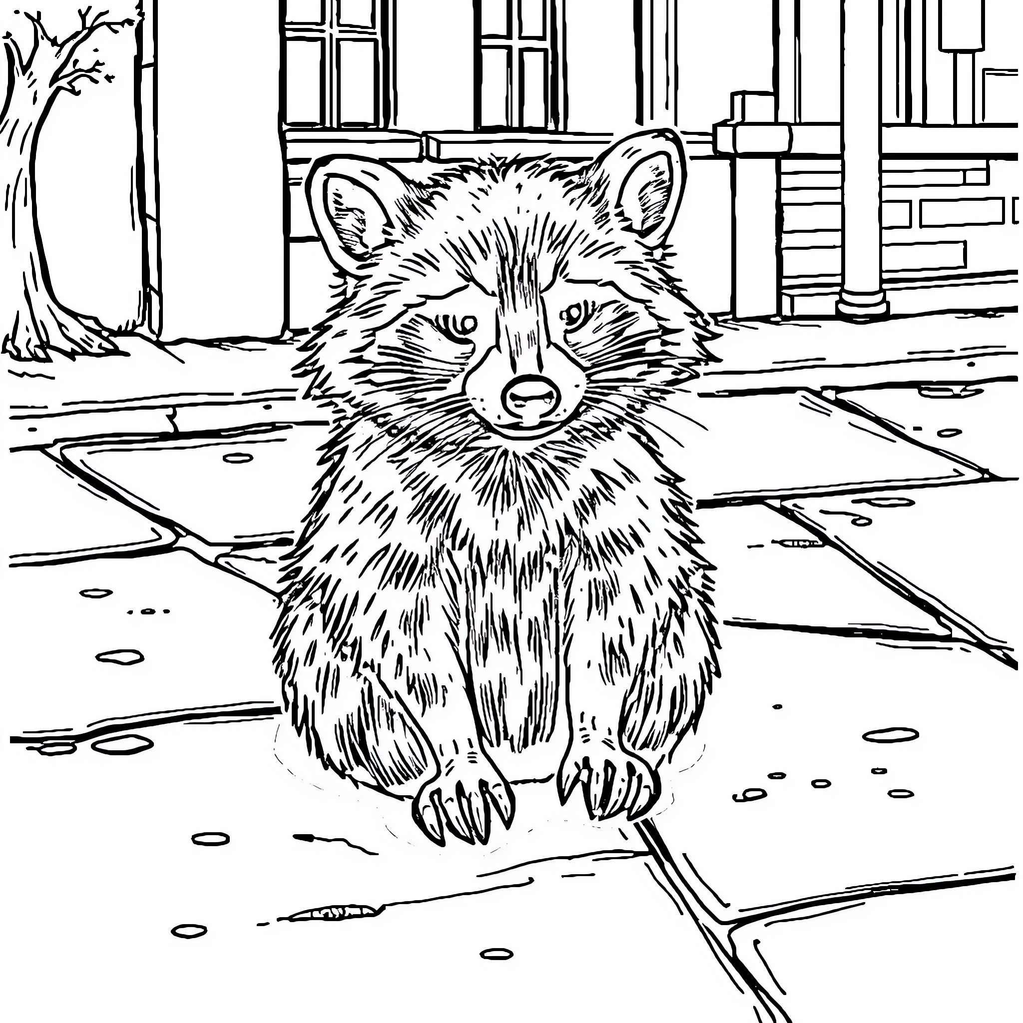 Raccoon exploring a suburban environment Coloring Page (free black-and-white line drawing printable PDF for all, from beginners to advanced learners, including children, teens, adults, and seniors)