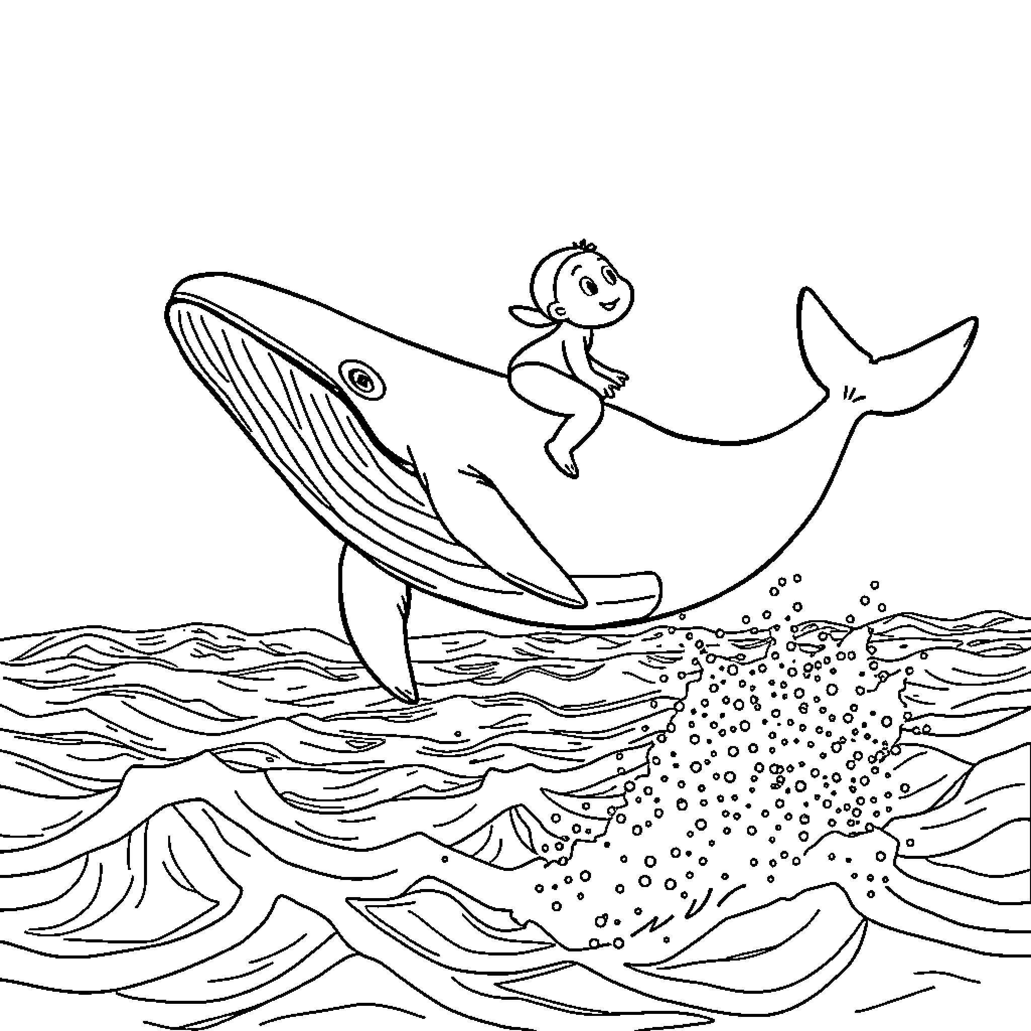 ET Riding a Friendly Whale in the Ocean Coloring Page (free black-and-white line drawing printable PDF for all, from beginners to advanced learners, including children, teens, adults, and seniors)