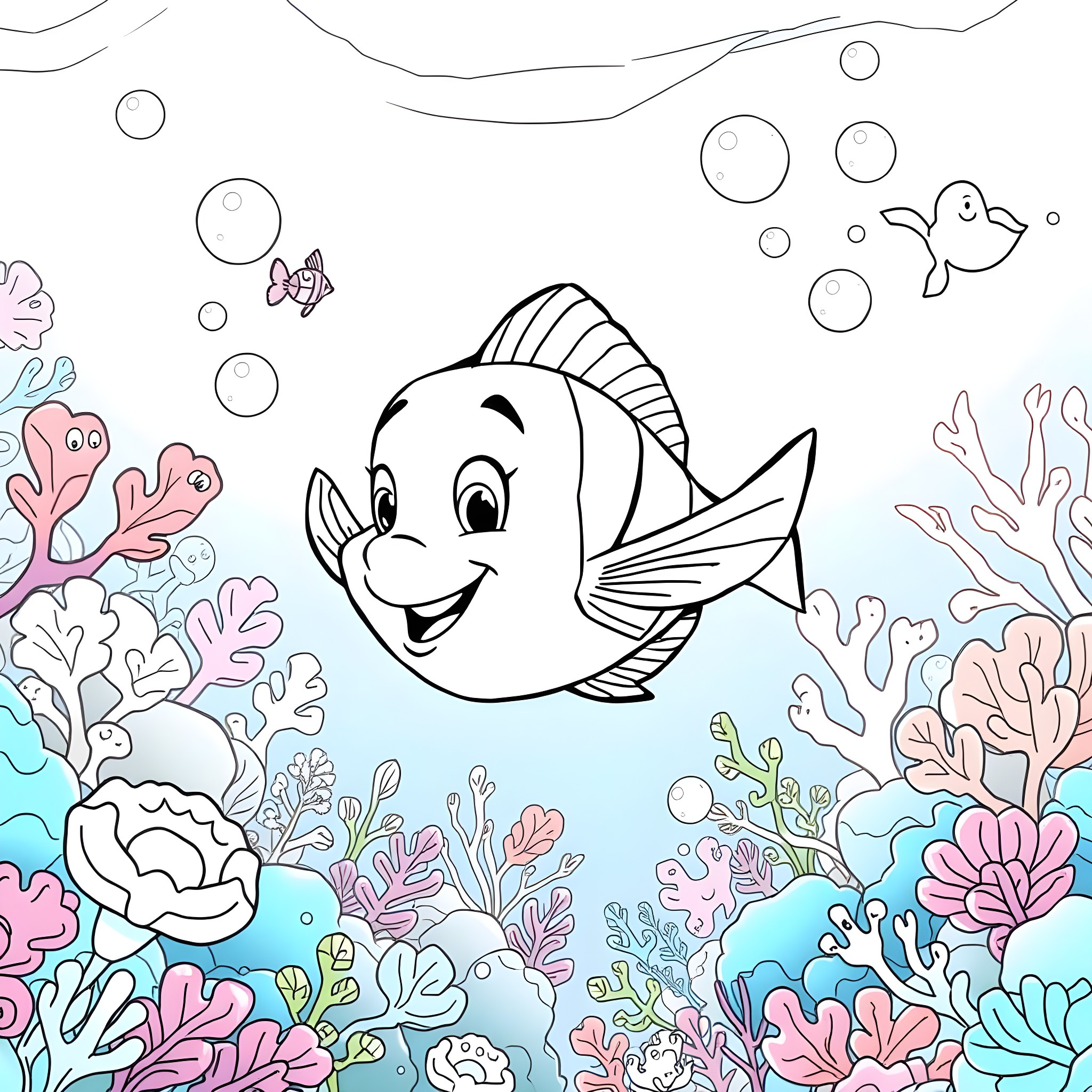 Flounder swims happily among colorful coral reefs Coloring Page (free black-and-white line drawing printable PDF for all, from beginners to advanced learners, including children, teens, adults, and seniors)