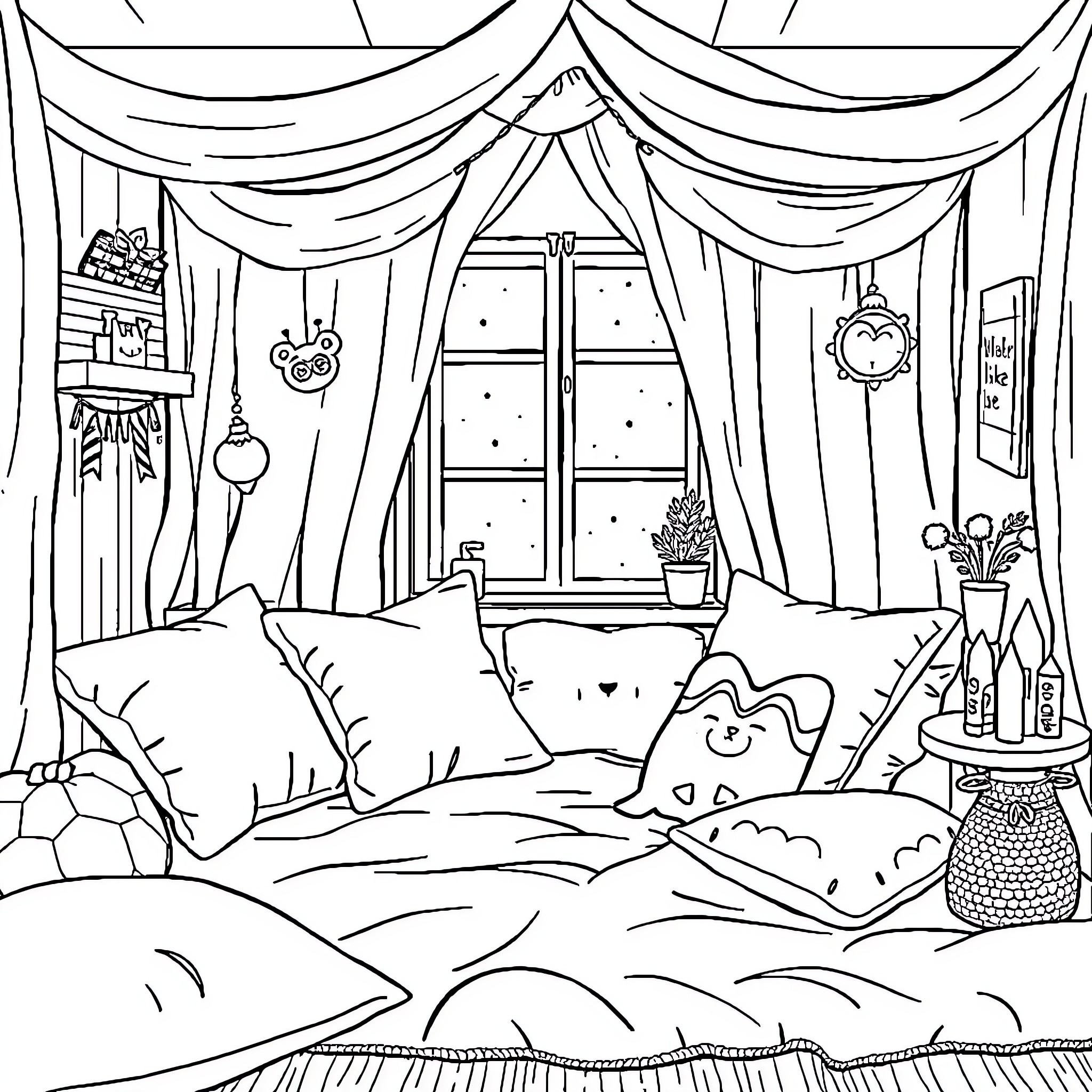 Environment of a cozy bedroom scene with decorations Coloring Page (free black-and-white line drawing printable PDF for all, from beginners to advanced learners, including children, teens, adults, and seniors)