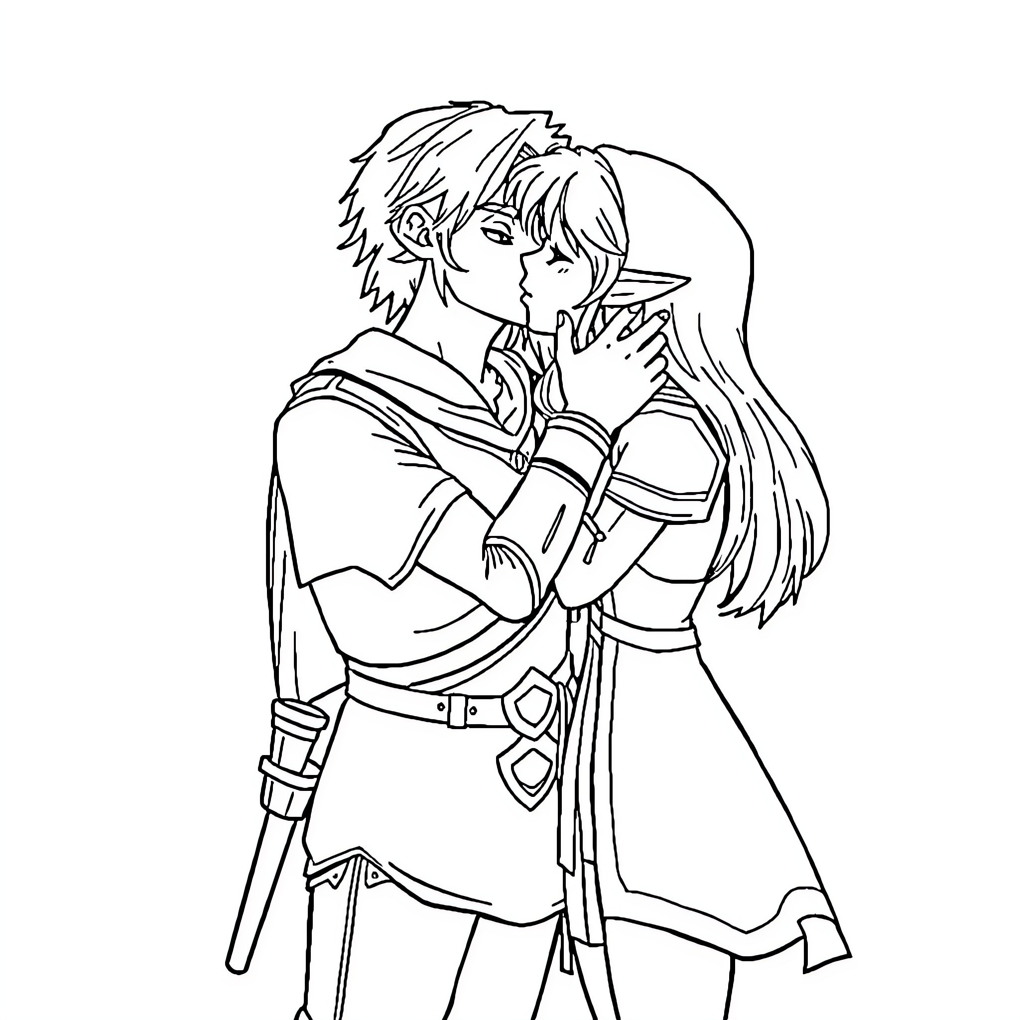 Zelda couple in loving embrace Coloring Page (free black-and-white line drawing printable PDF for all, from beginners to advanced learners, including children, teens, adults, and seniors)