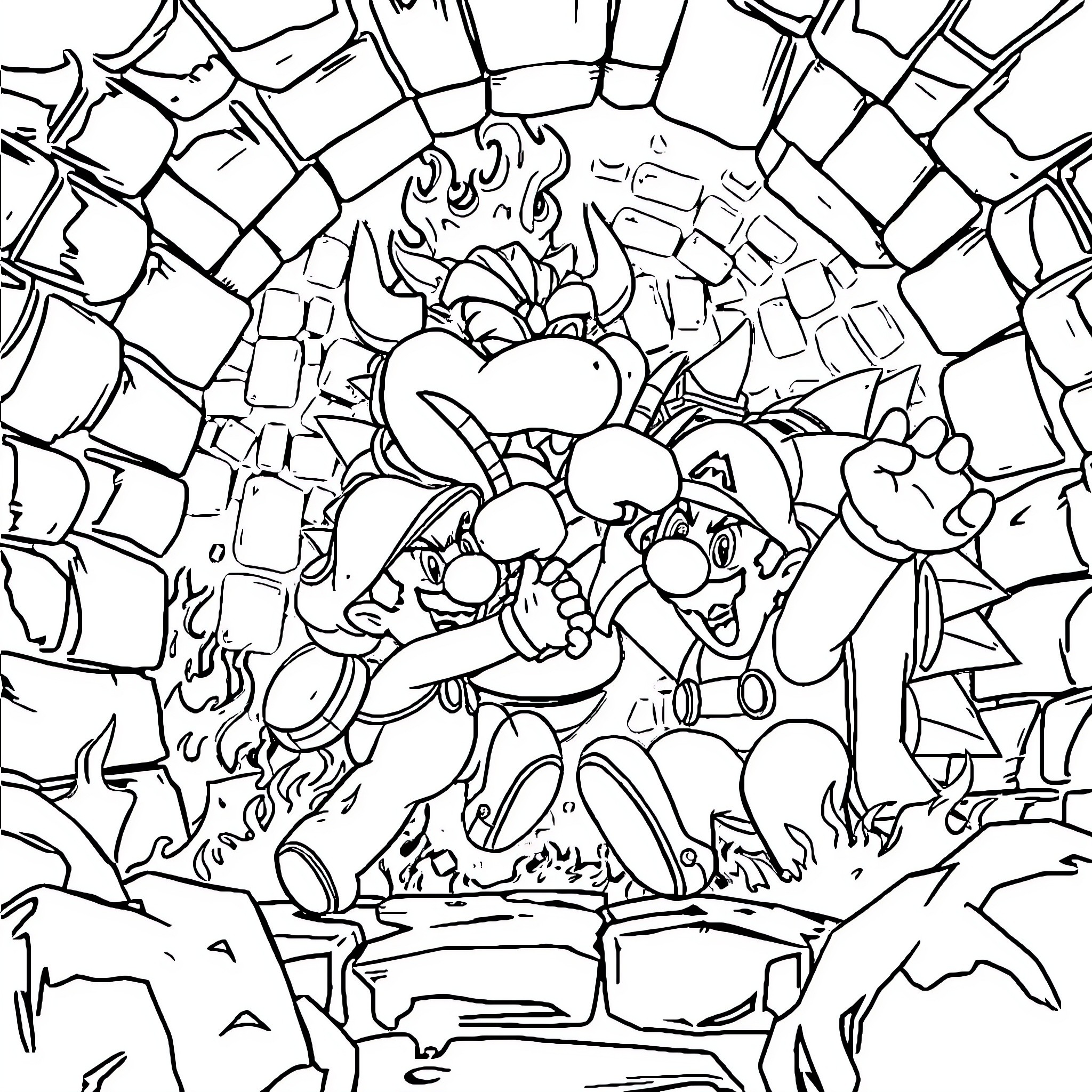 Mario and friends in an exciting adventure Coloring Page (free black-and-white line drawing printable PDF for all, from beginners to advanced learners, including children, teens, adults, and seniors)