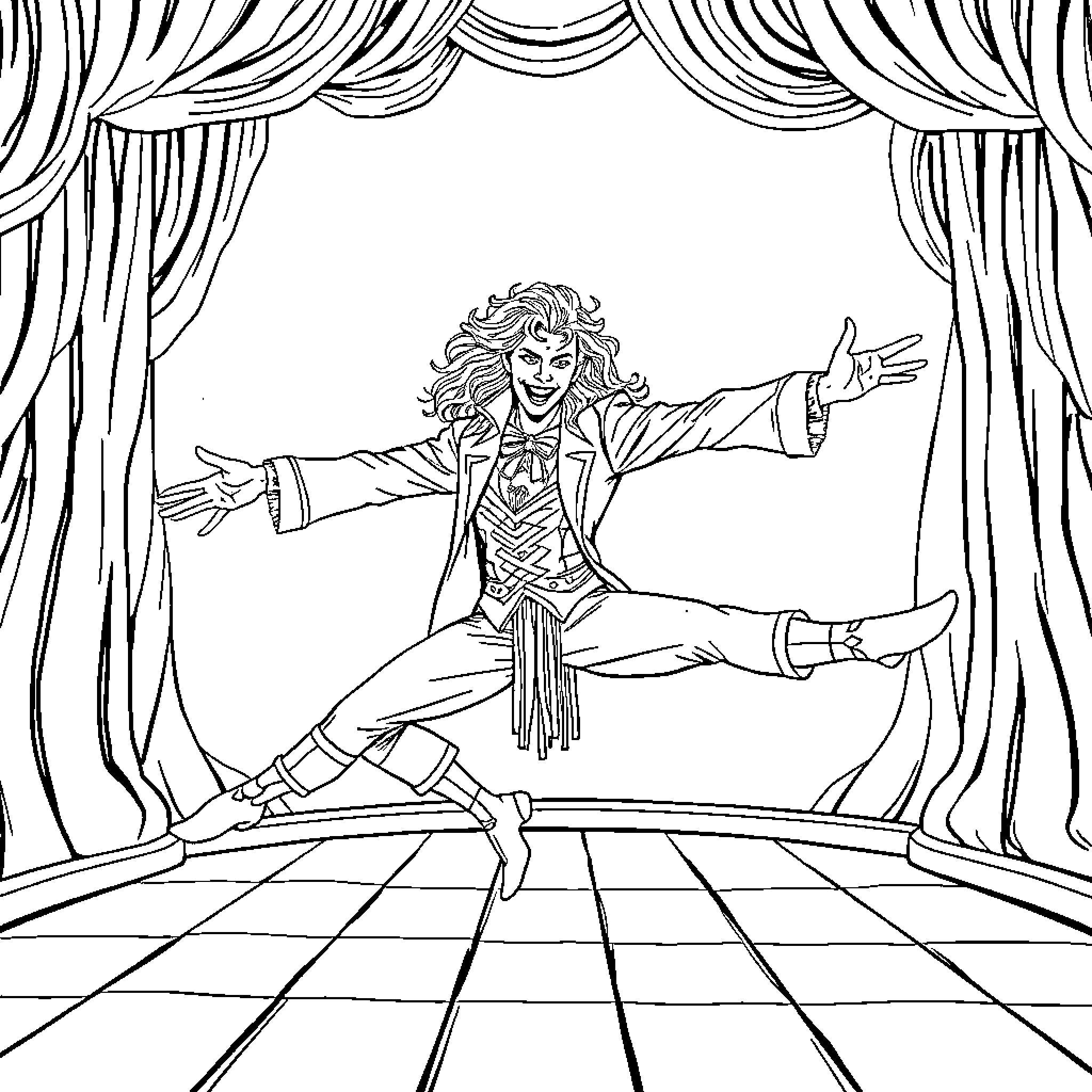 Jareth the Goblin King's Theatrical Performance Coloring Page (free black-and-white line drawing printable PDF for all, from beginners to advanced learners, including children, teens, adults, and seniors)