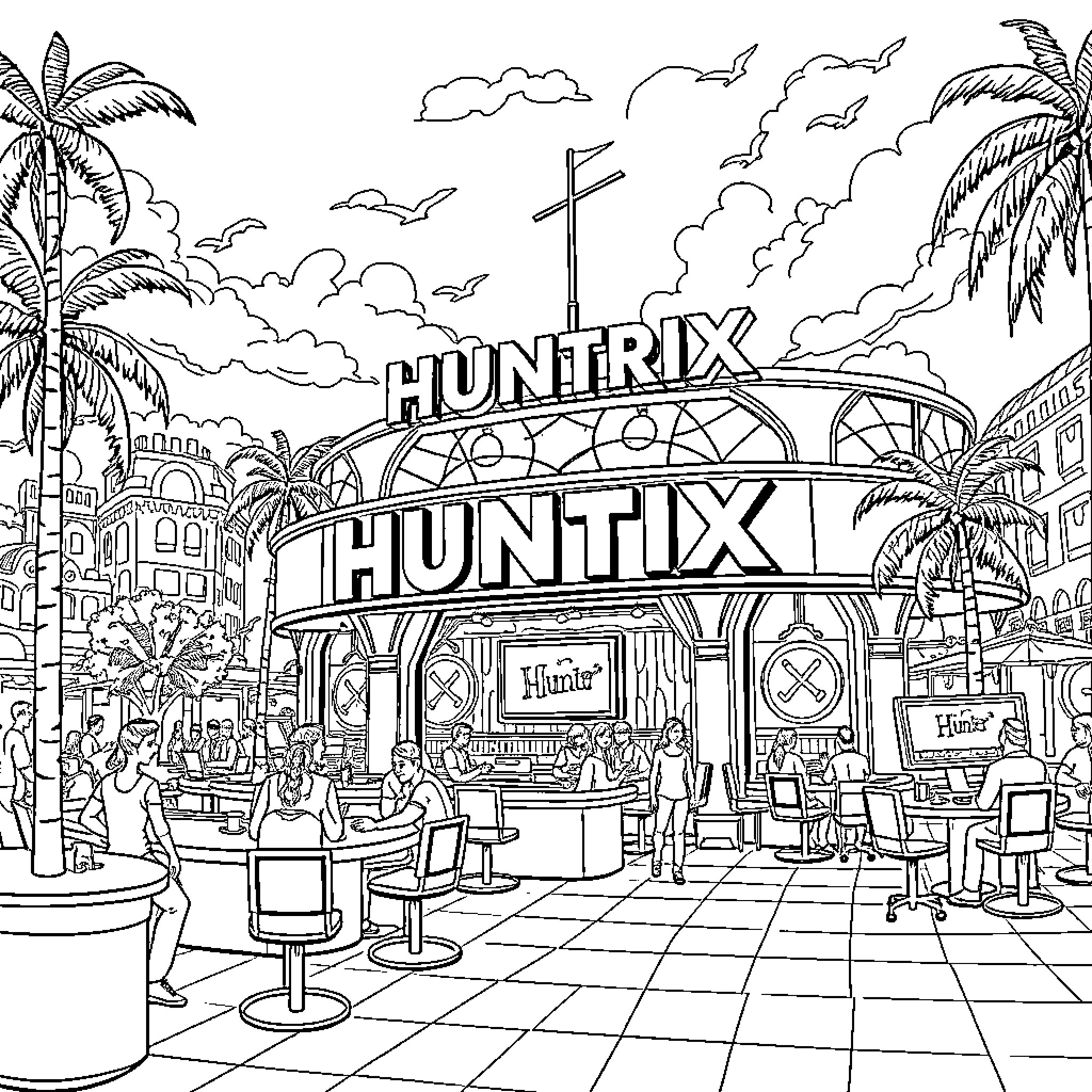 Huntrix - Vibrant tropical entertainment hub Coloring Page (free black-and-white line drawing printable PDF for all, from beginners to advanced learners, including children, teens, adults, and seniors)