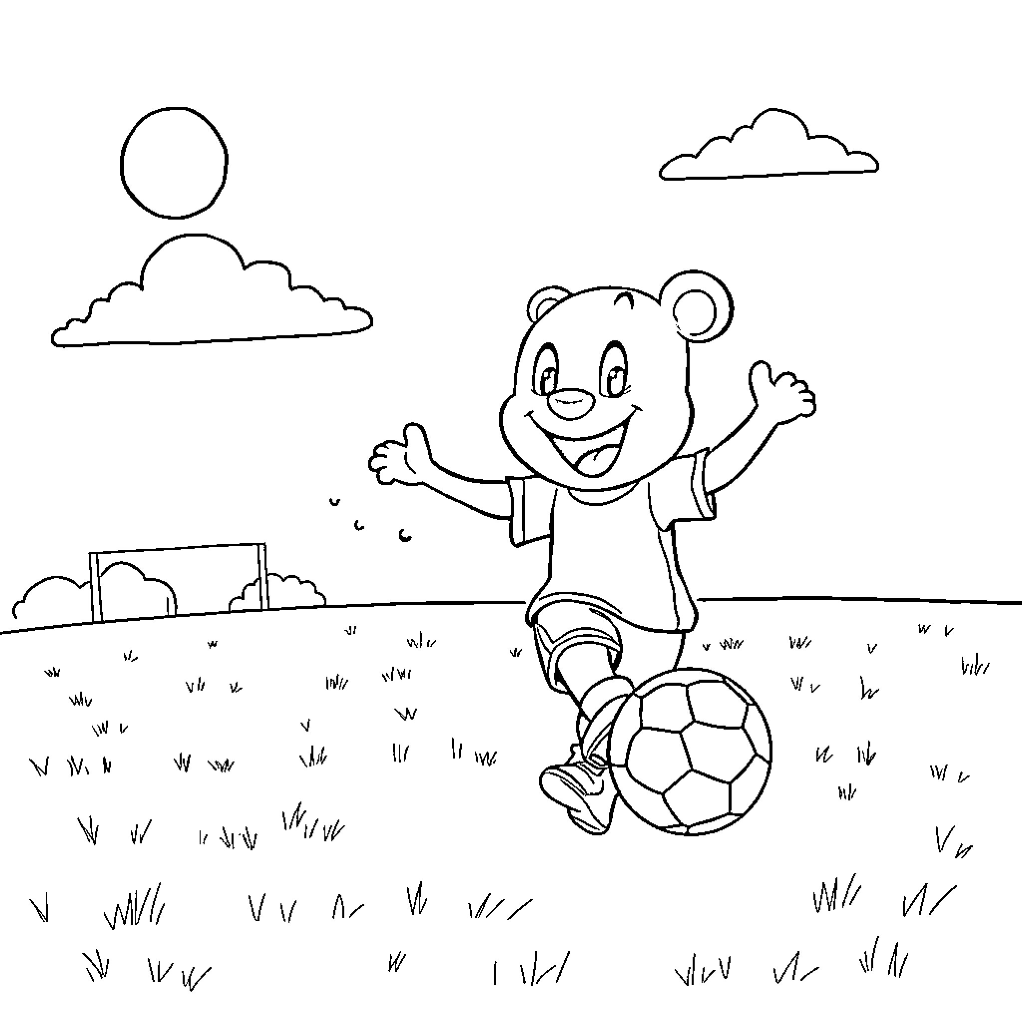 Bluey playing happily with a soccer ball Coloring Page (free black-and-white line drawing printable PDF for all, from beginners to advanced learners, including children, teens, adults, and seniors)