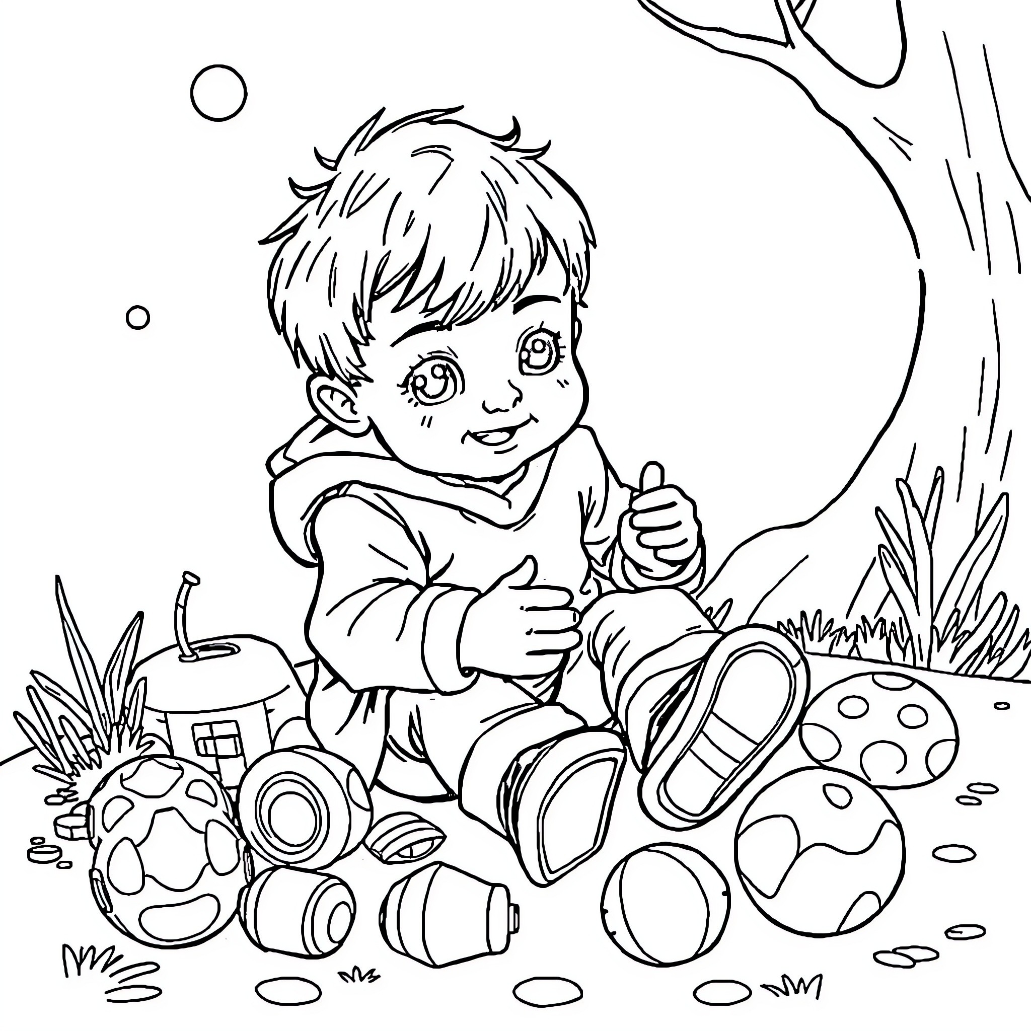 Niño exploring nature with toys and curiosity Coloring Page (free black-and-white line drawing printable PDF for all, from beginners to advanced learners, including children, teens, adults, and seniors)