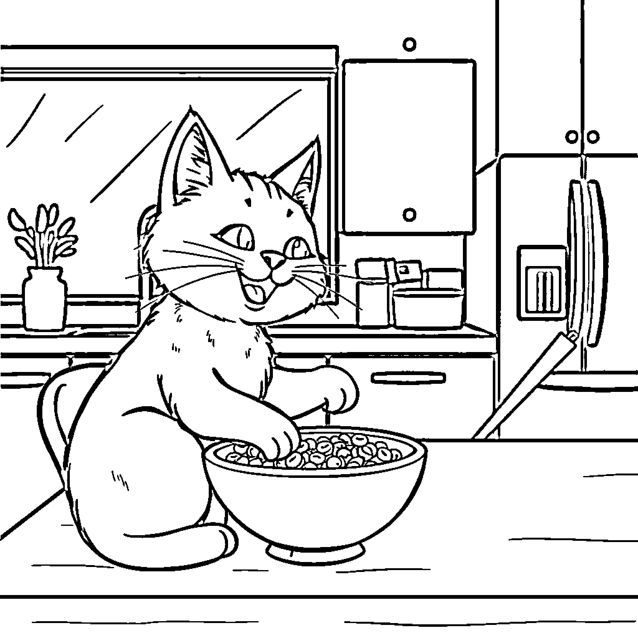Cat Eating Breakfast in the Kitchen Coloring Page (free black-and-white line drawing printable PDF for all, from beginners to advanced learners, including children, teens, adults, and seniors)