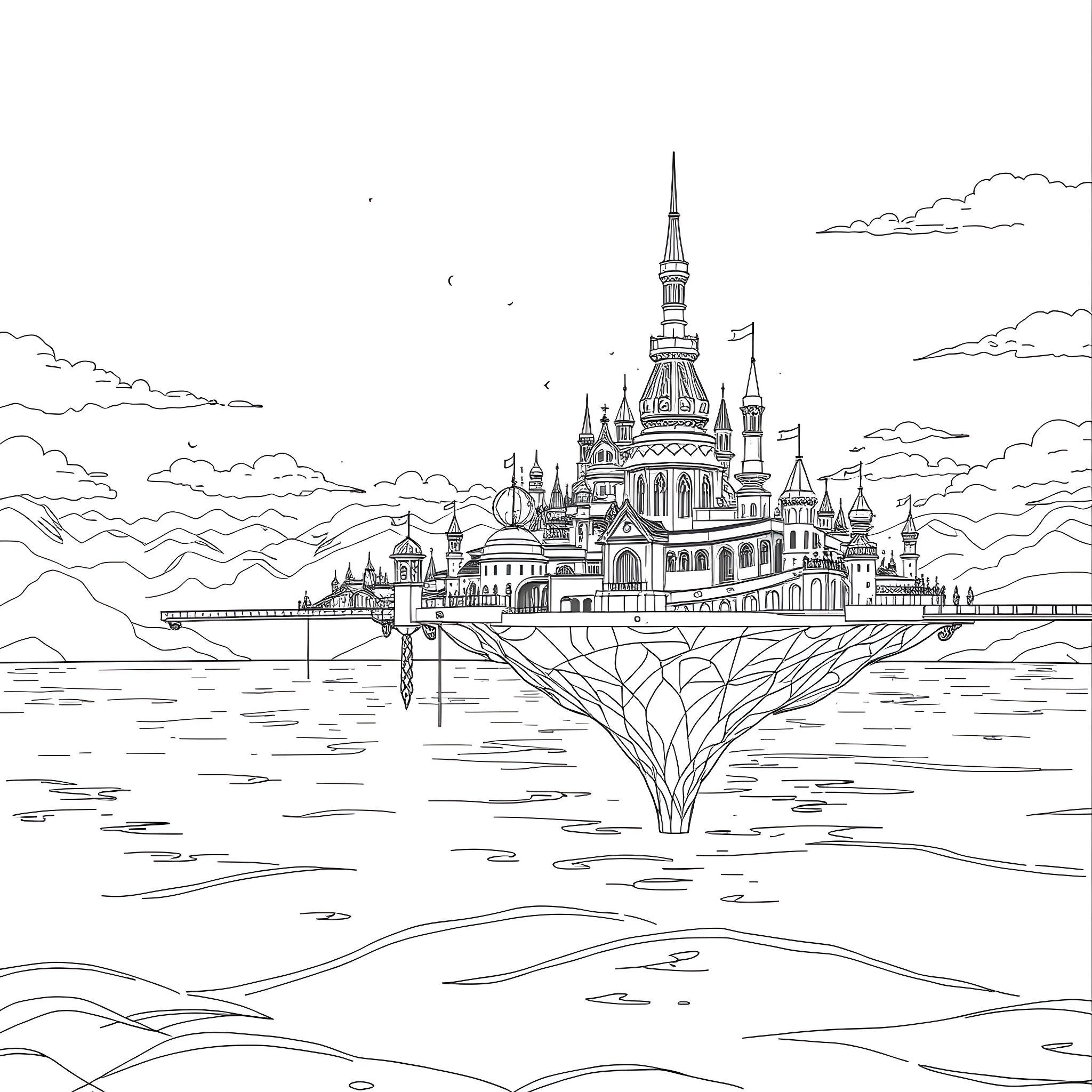 City with Ornate Towers and Spires Floating on Water Coloring Page (free black-and-white line drawing printable PDF for all, from beginners to advanced learners, including children, teens, adults, and seniors)