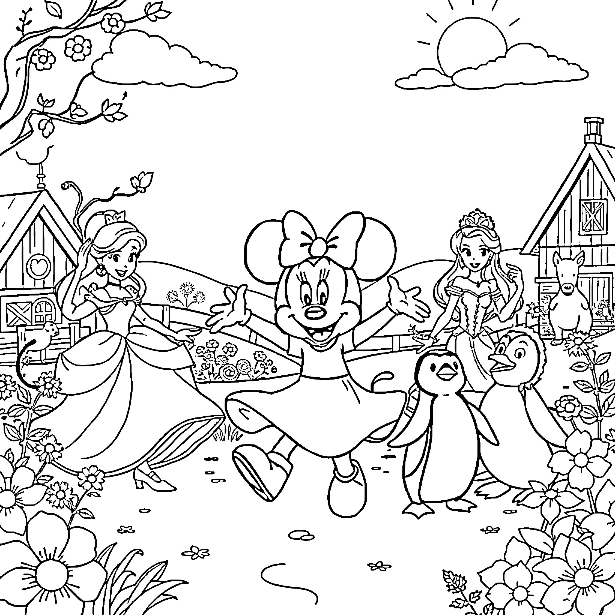 Mouse characters playing happily in the garden Coloring Page (free black-and-white line drawing printable PDF for all, from beginners to advanced learners, including children, teens, adults, and seniors)