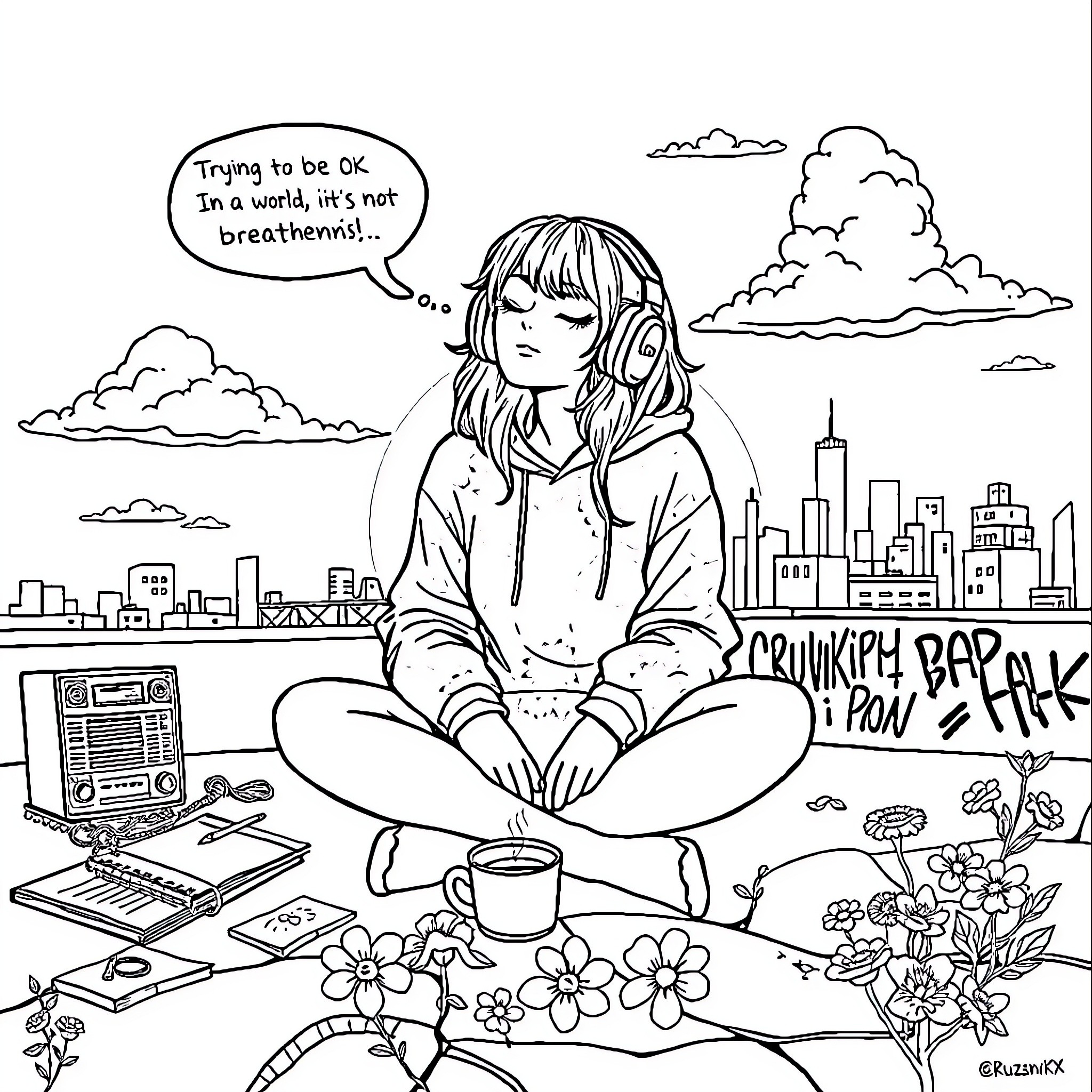 CruznikX meditating in the city with speech bubble Coloring Page (free black-and-white line drawing printable PDF for all, from beginners to advanced learners, including children, teens, adults, and seniors)