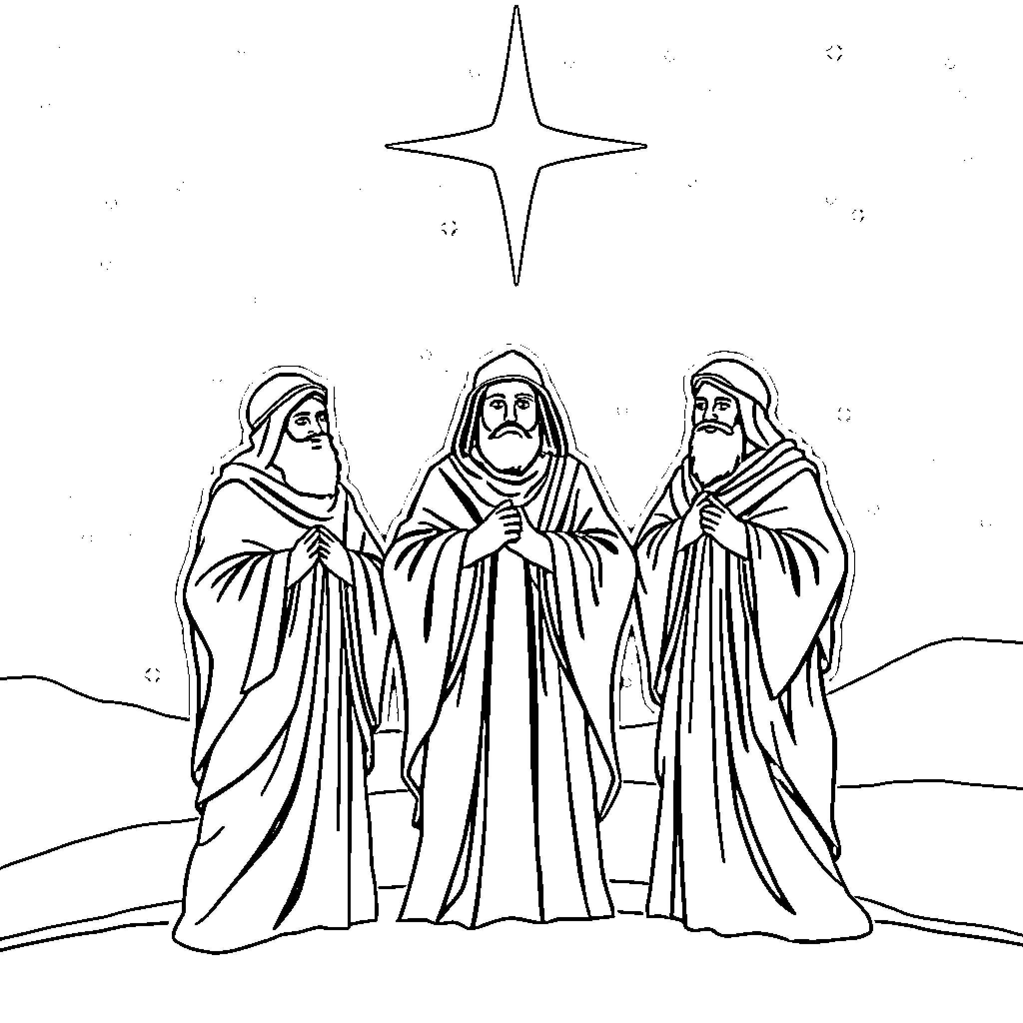 Wise Men Gathered Under a Shining Star Coloring Page (free black-and-white line drawing printable PDF for all, from beginners to advanced learners, including children, teens, adults, and seniors)