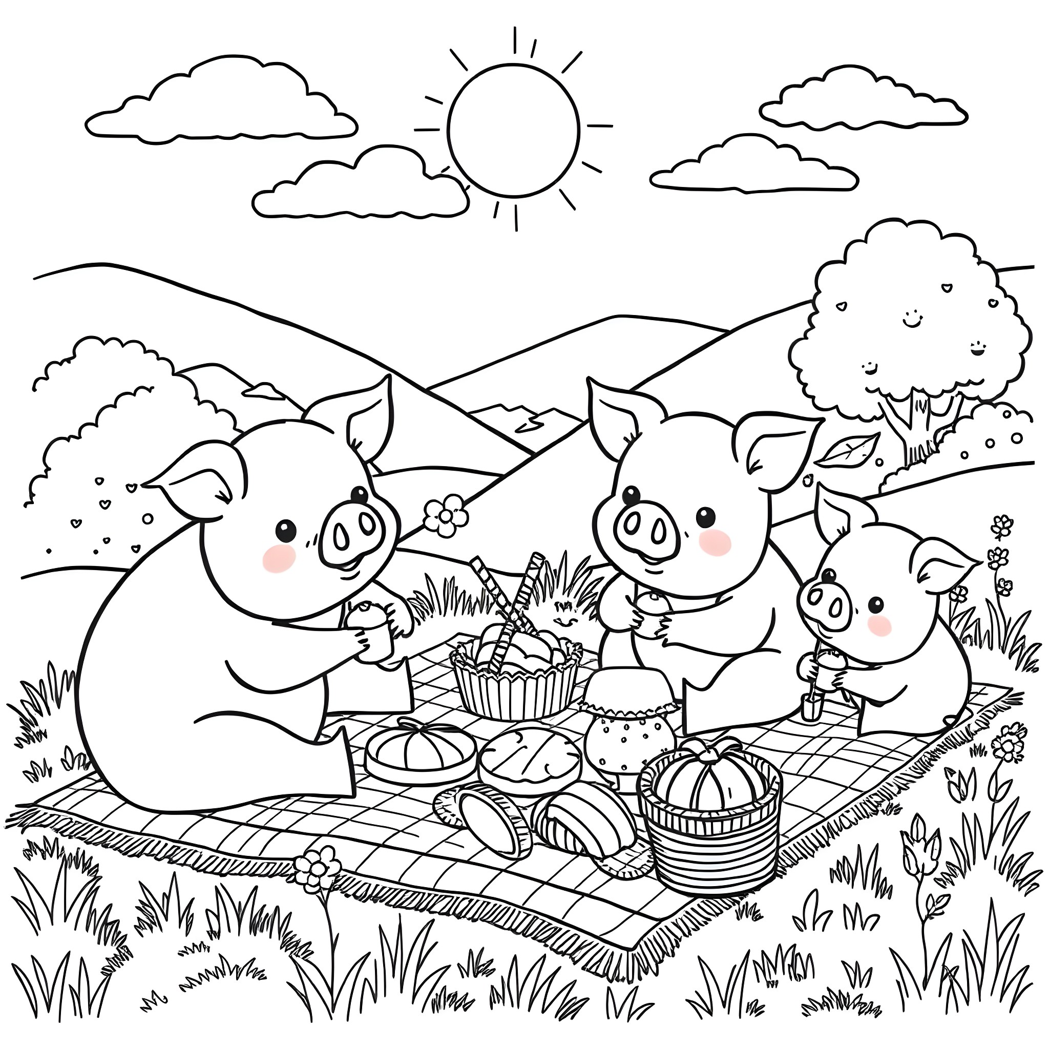 Pig family enjoying a picnic in the countryside Coloring Page (free black-and-white line drawing printable PDF for all, from beginners to advanced learners, including children, teens, adults, and seniors)
