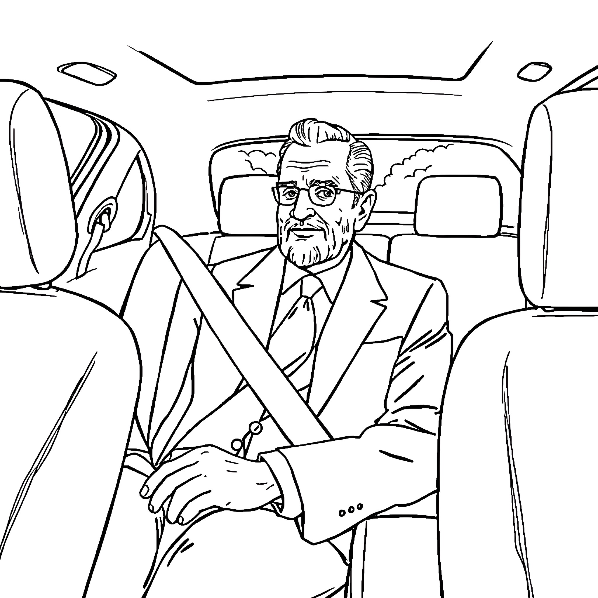 Statesman seated in formal attire inside a vehicle Coloring Page (free black-and-white line drawing printable PDF for all, from beginners to advanced learners, including children, teens, adults, and seniors)