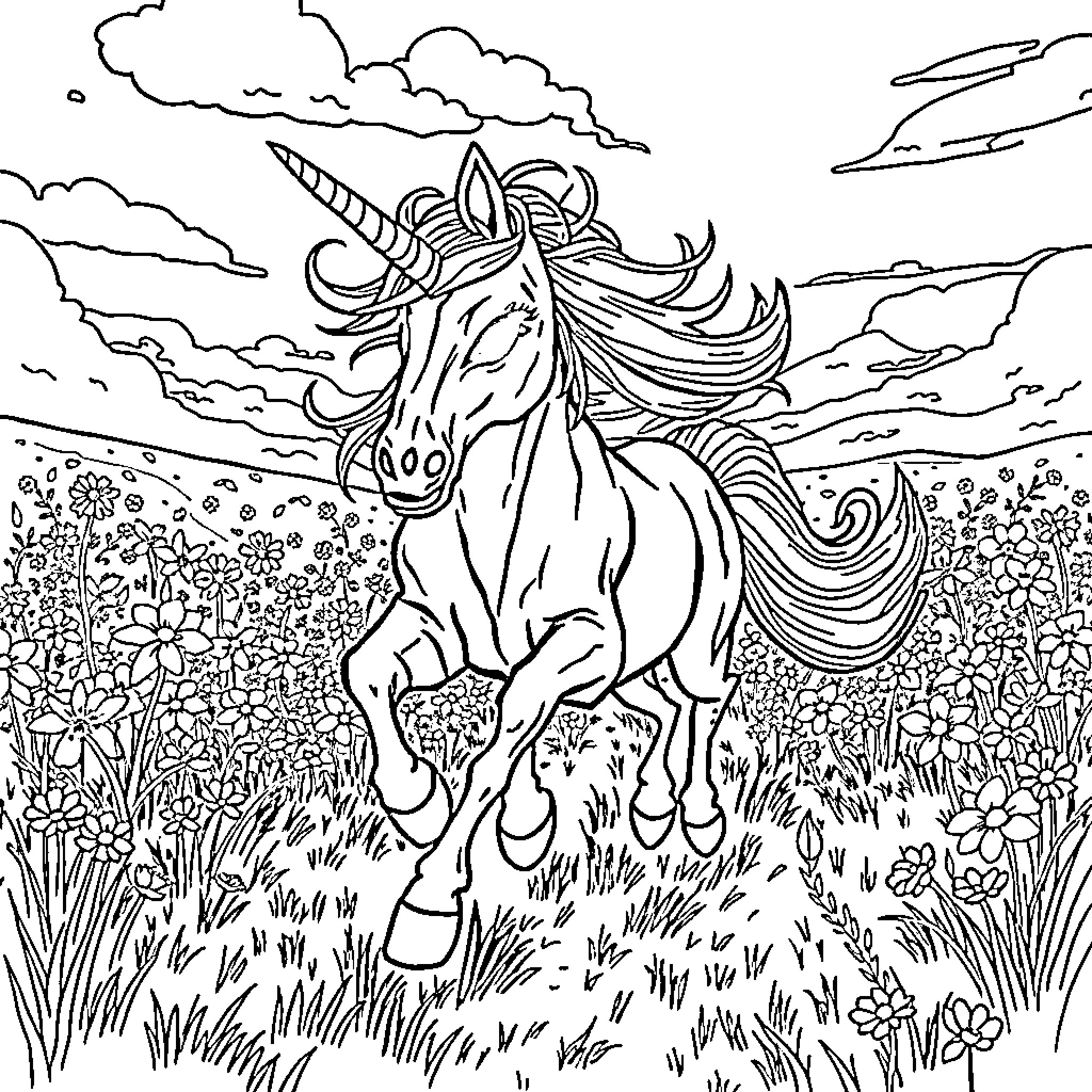 Zombie Unicorn galloping through enchanted meadow Coloring Page (free black-and-white line drawing printable PDF for all, from beginners to advanced learners, including children, teens, adults, and seniors)