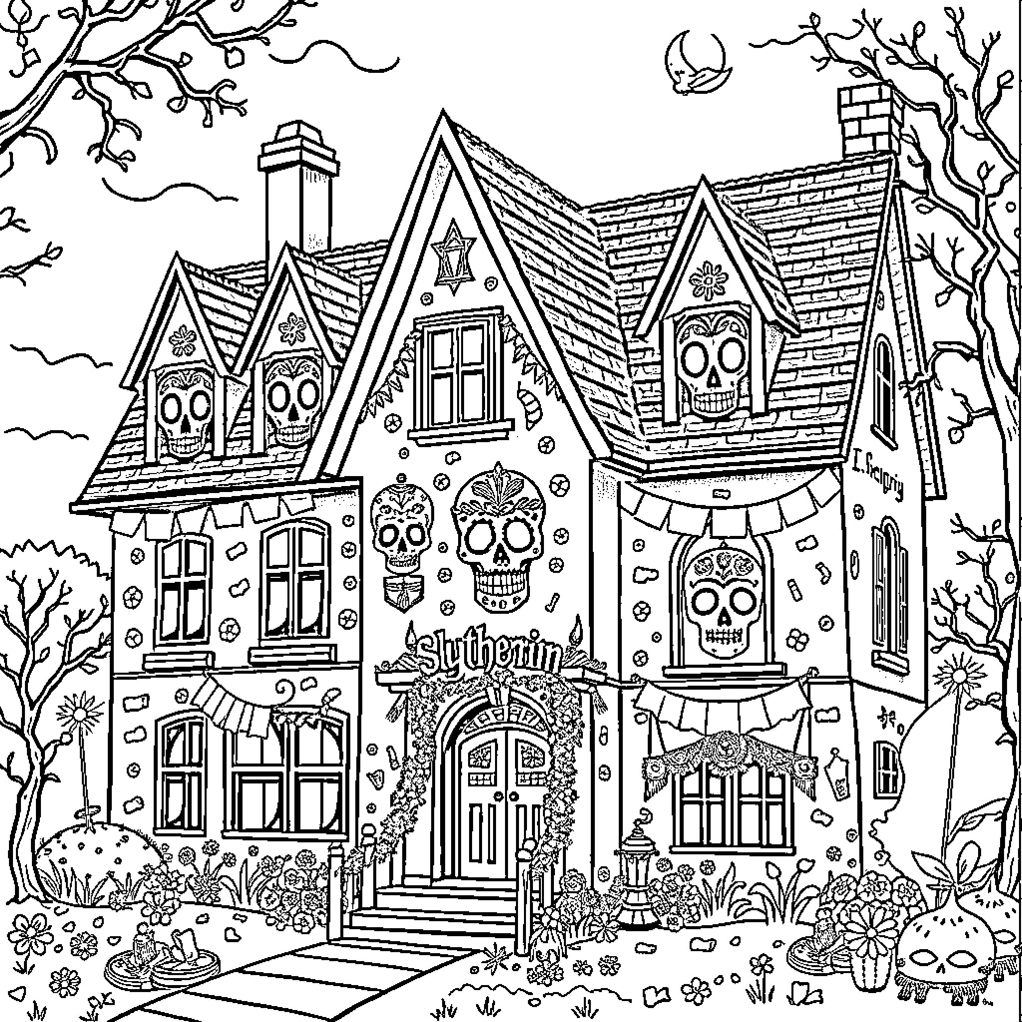 Slytherin Spooky Skull House with Whimsical Details Coloring Page (free black-and-white line drawing printable PDF for all, from beginners to advanced learners, including children, teens, adults, and seniors)