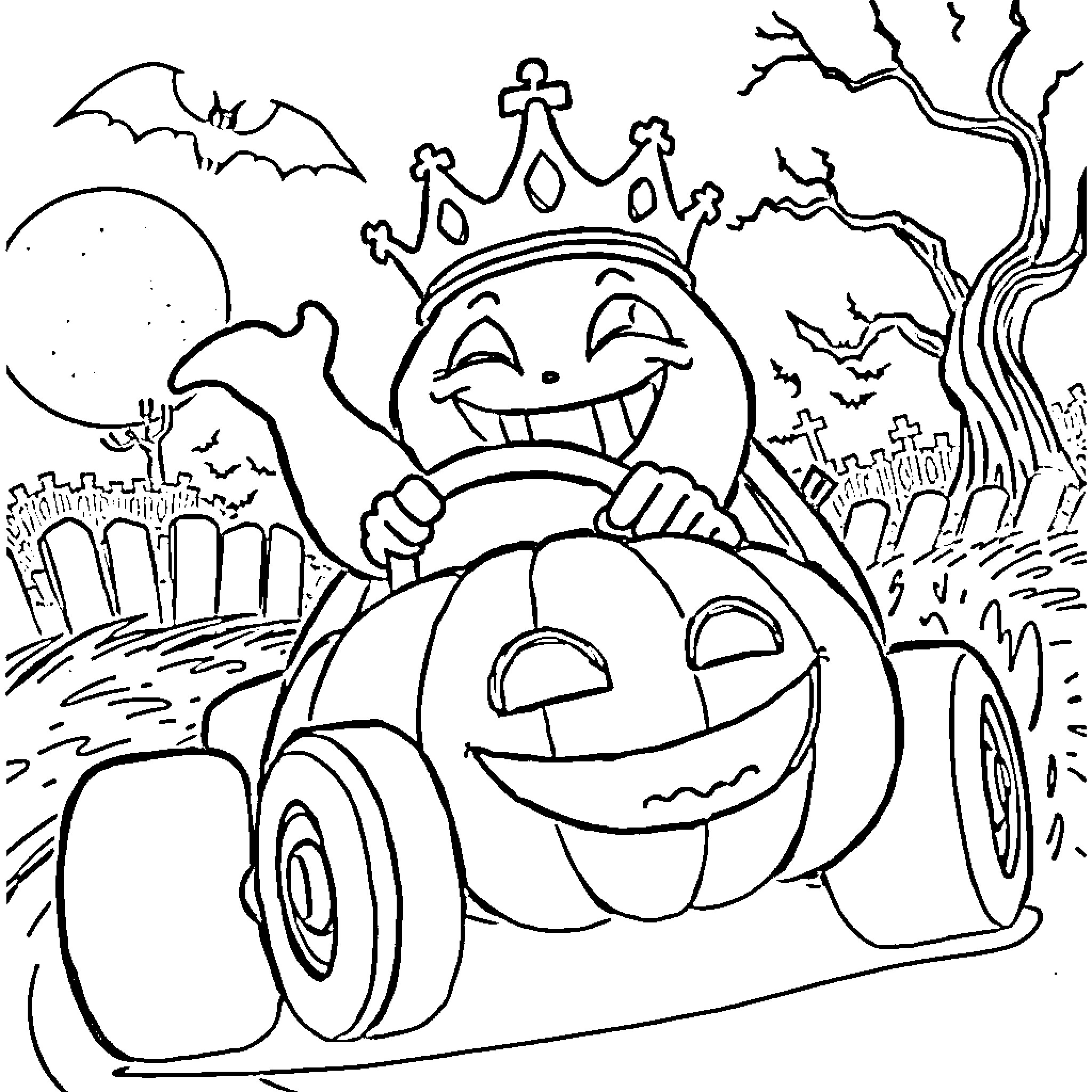 King Boo's Spooky Halloween Ride Coloring Page (free black-and-white line drawing printable PDF for all, from beginners to advanced learners, including children, teens, adults, and seniors)