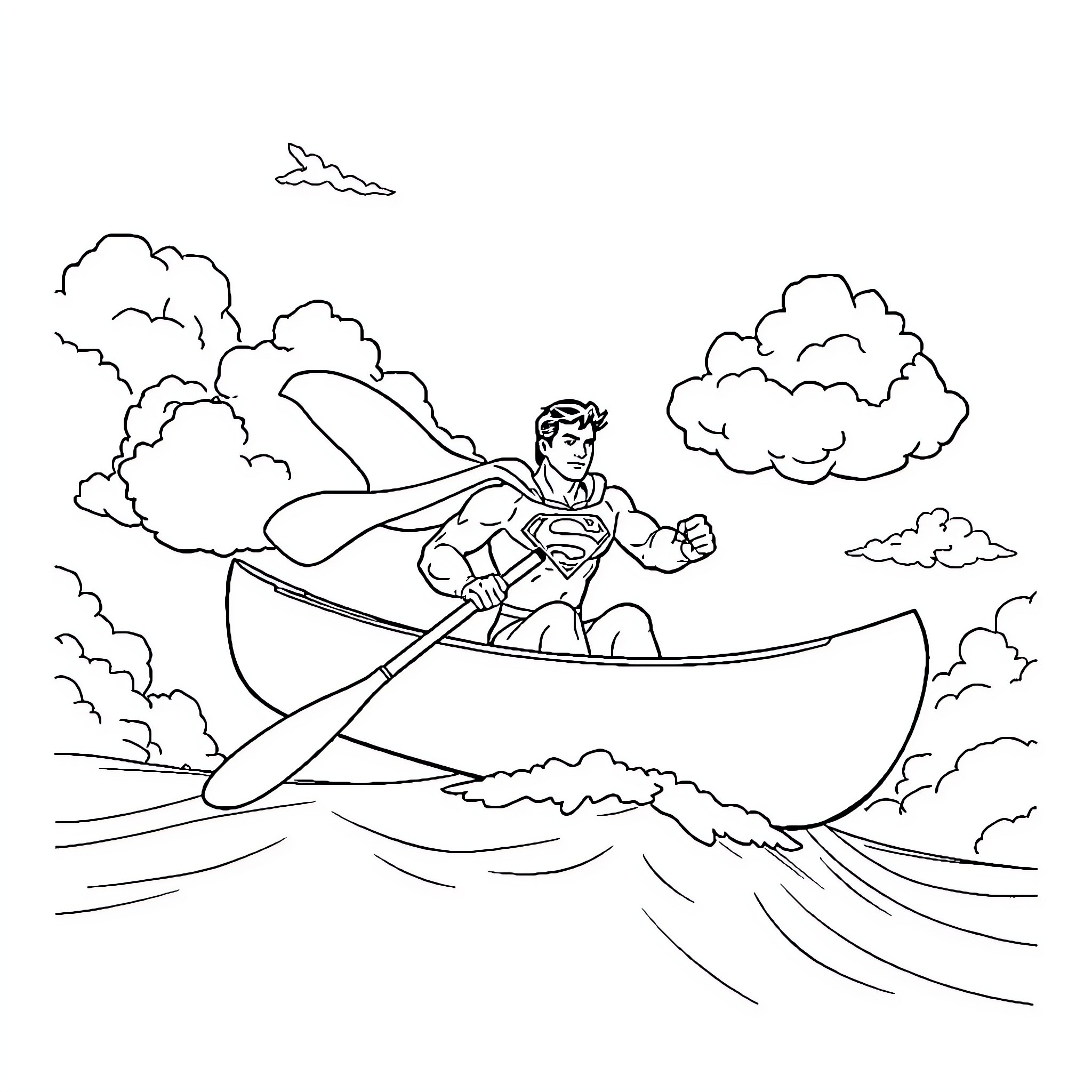 Superman soaring heroically through the skies Coloring Page (free black-and-white line drawing printable PDF for all, from beginners to advanced learners, including children, teens, adults, and seniors)