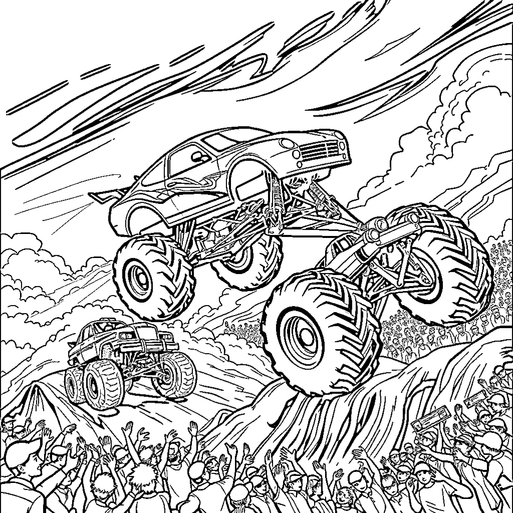 Flying Car Monster Trucks Performing Stunts Coloring Page (free black-and-white line drawing printable PDF for all, from beginners to advanced learners, including children, teens, adults, and seniors)