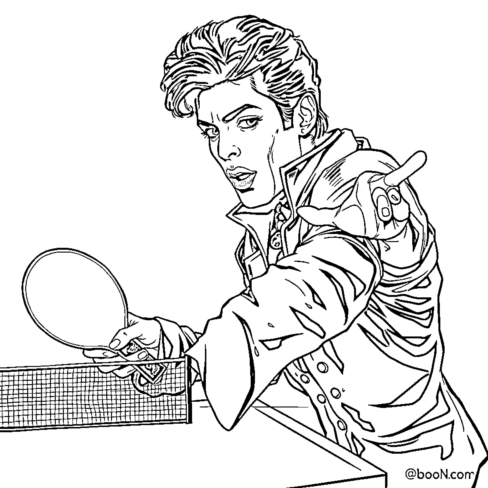 Prince intently playing table tennis Coloring Page (free black-and-white line drawing printable PDF for all, from beginners to advanced learners, including children, teens, adults, and seniors)
