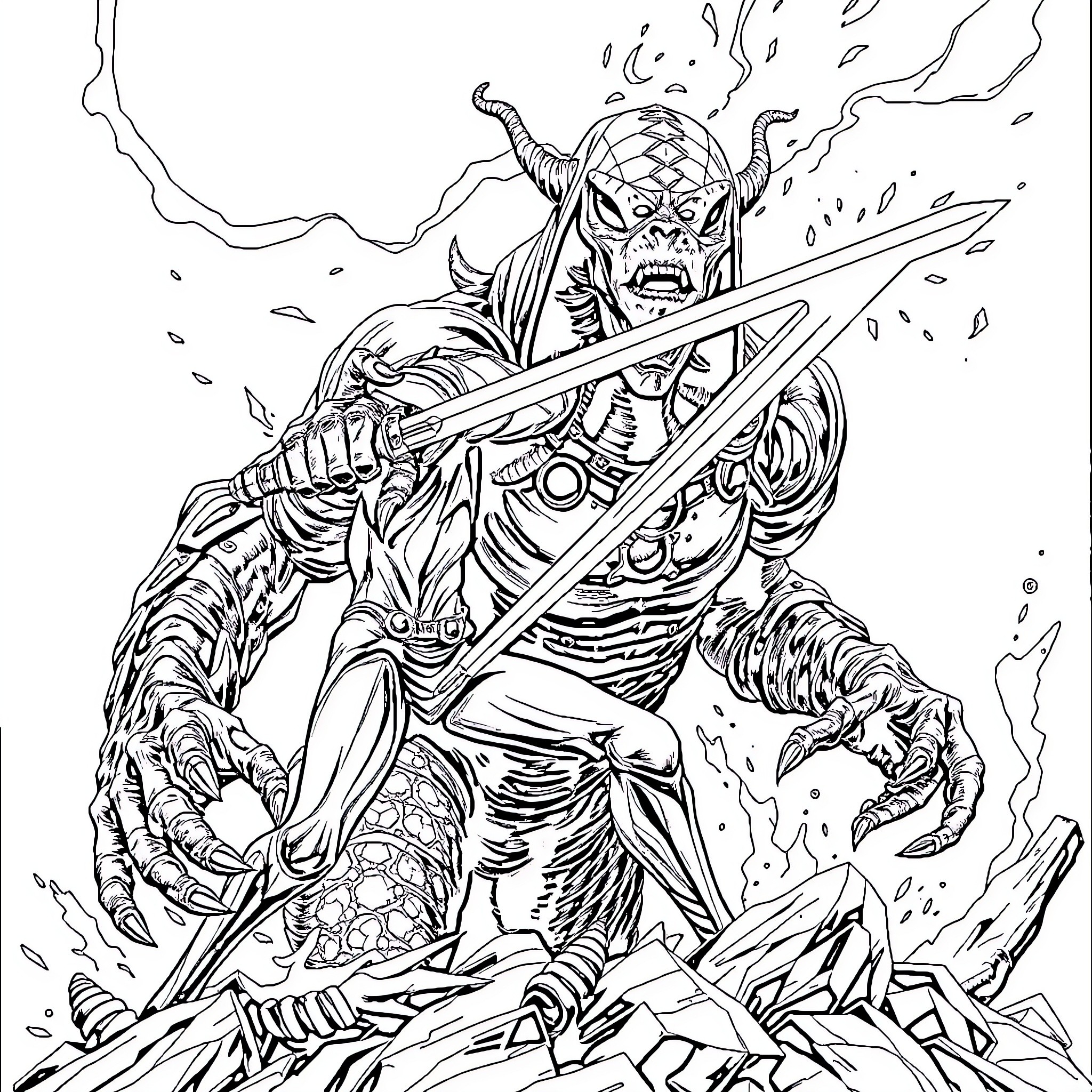 Extraterrestrial warrior wielding powerful sword in combat Coloring Page (free black-and-white line drawing printable PDF for all, from beginners to advanced learners, including children, teens, adults, and seniors)