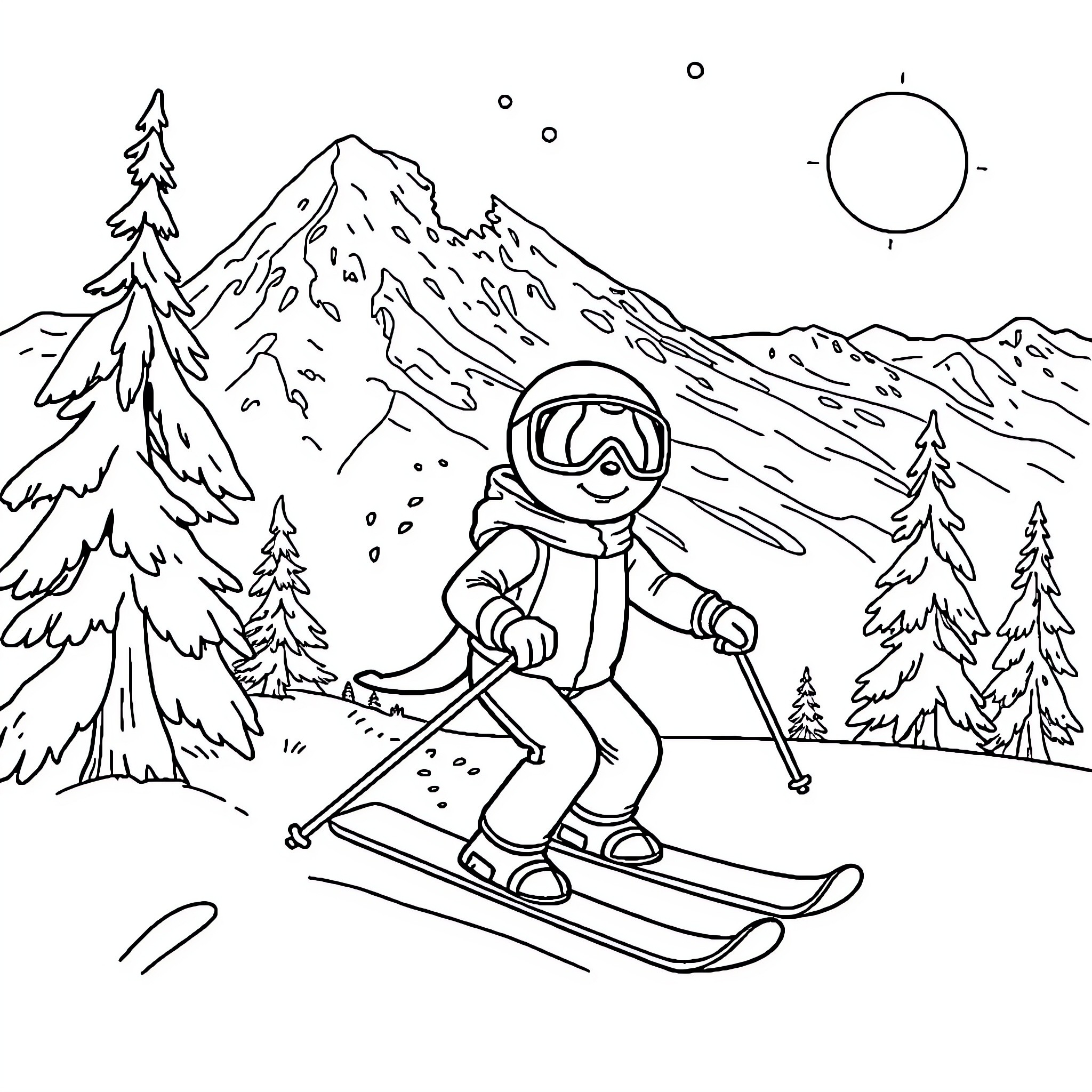 Patrol of skier in snowy mountain landscape Coloring Page (free black-and-white line drawing printable PDF for all, from beginners to advanced learners, including children, teens, adults, and seniors)