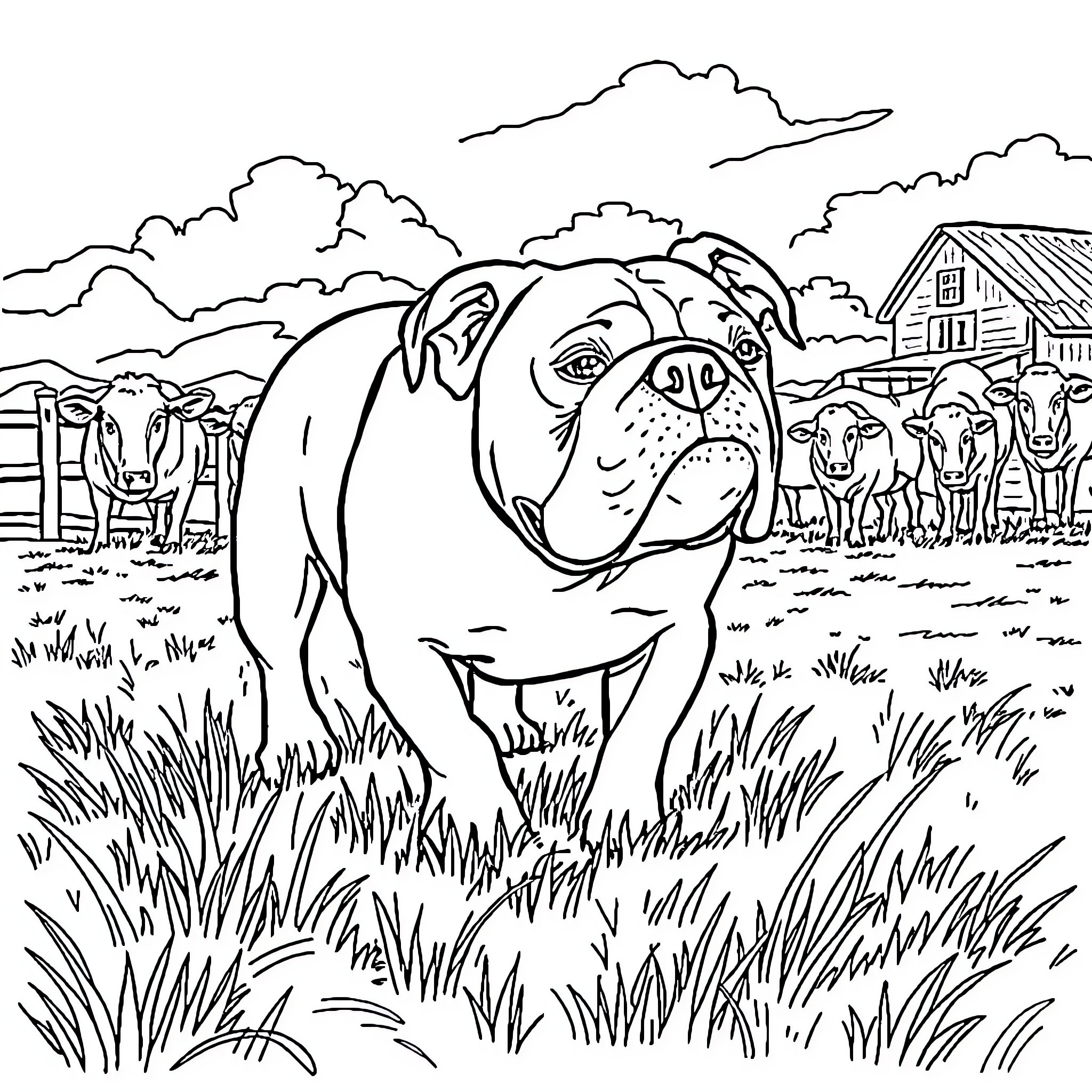 Bulldog exploring a pastoral farm scene Coloring Page (free black-and-white line drawing printable PDF for all, from beginners to advanced learners, including children, teens, adults, and seniors)