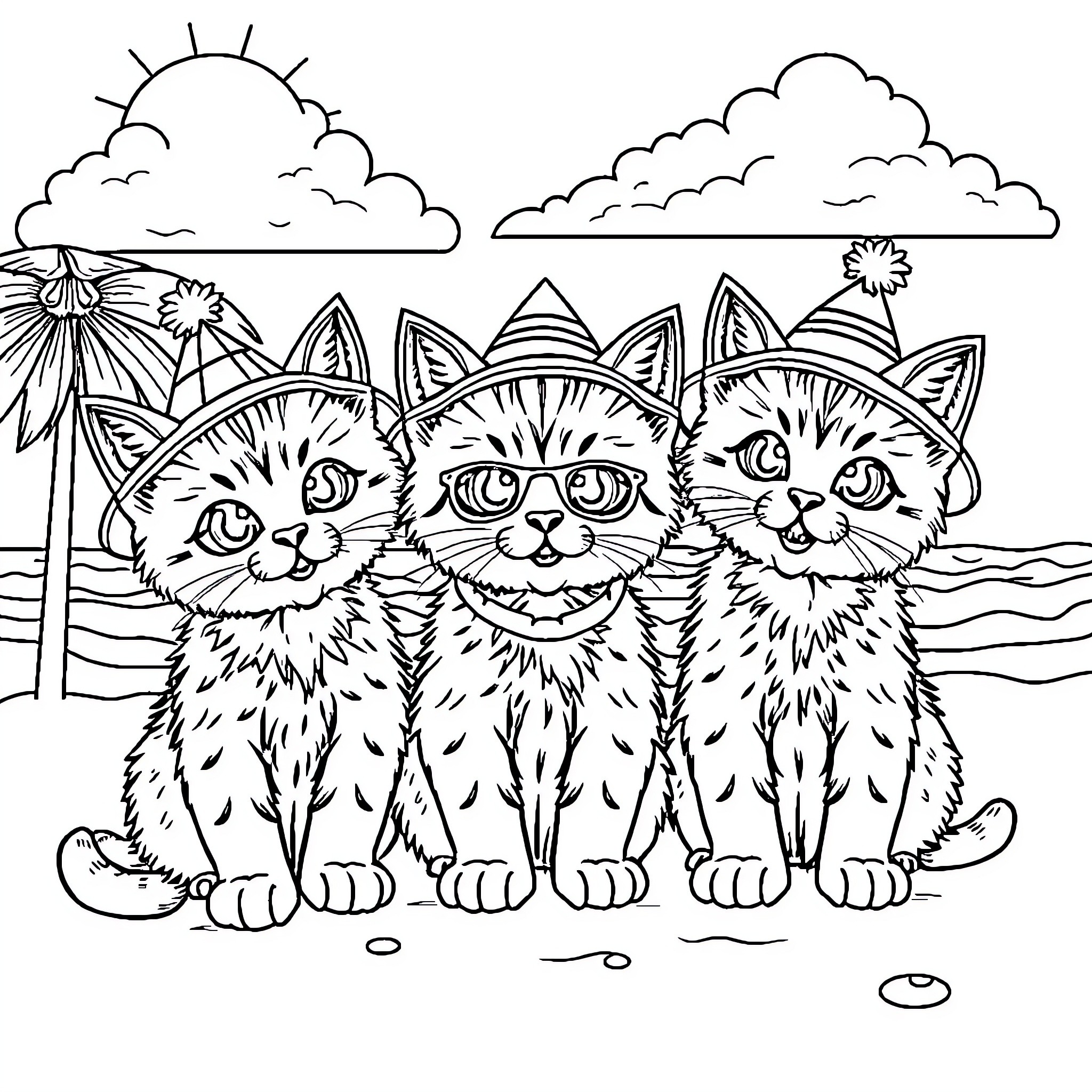 Kitty trio posing at the beach Coloring Page (free black-and-white line drawing printable PDF for all, from beginners to advanced learners, including children, teens, adults, and seniors)