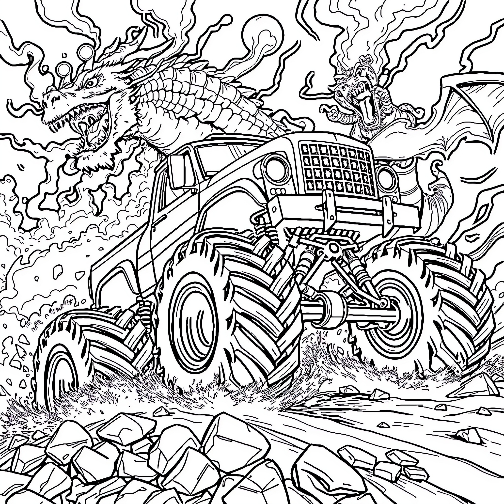 Monster Truck Battling a Ferocious Dragon Coloring Page (free black-and-white line drawing printable PDF for all, from beginners to advanced learners, including children, teens, adults, and seniors)