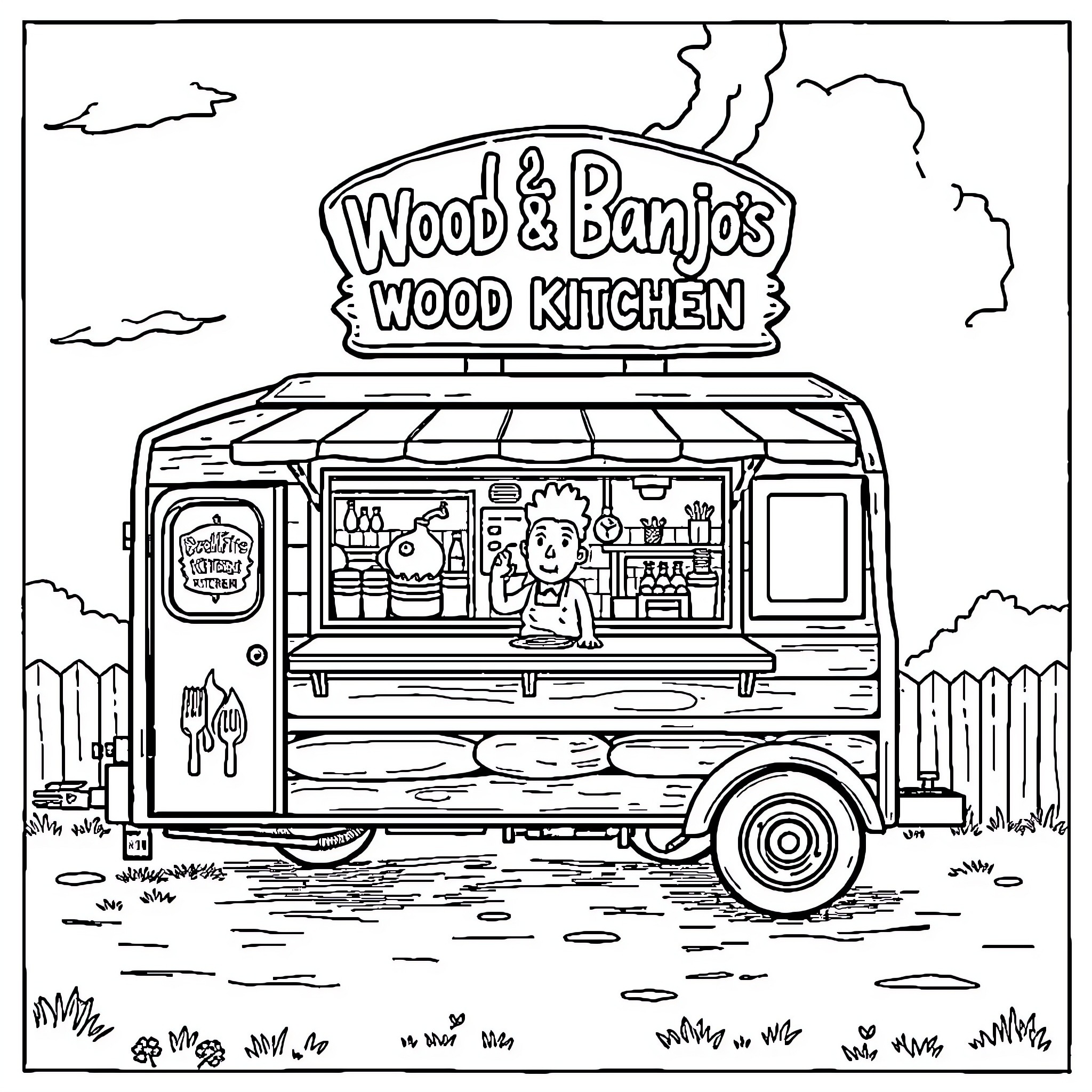 Trailer for a Charming Wood & Banjo's Wood Kitchen Coloring Page (free black-and-white line drawing printable PDF for all, from beginners to advanced learners, including children, teens, adults, and seniors)