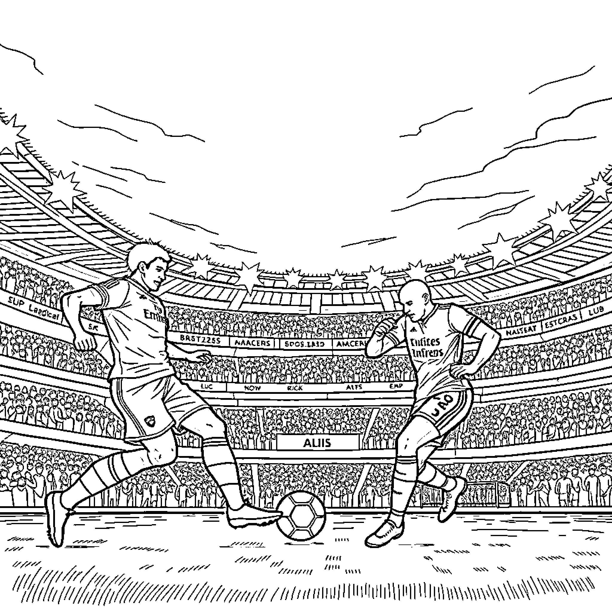 Arsenal players competing in a soccer match Coloring Page (free black-and-white line drawing printable PDF for all, from beginners to advanced learners, including children, teens, adults, and seniors)