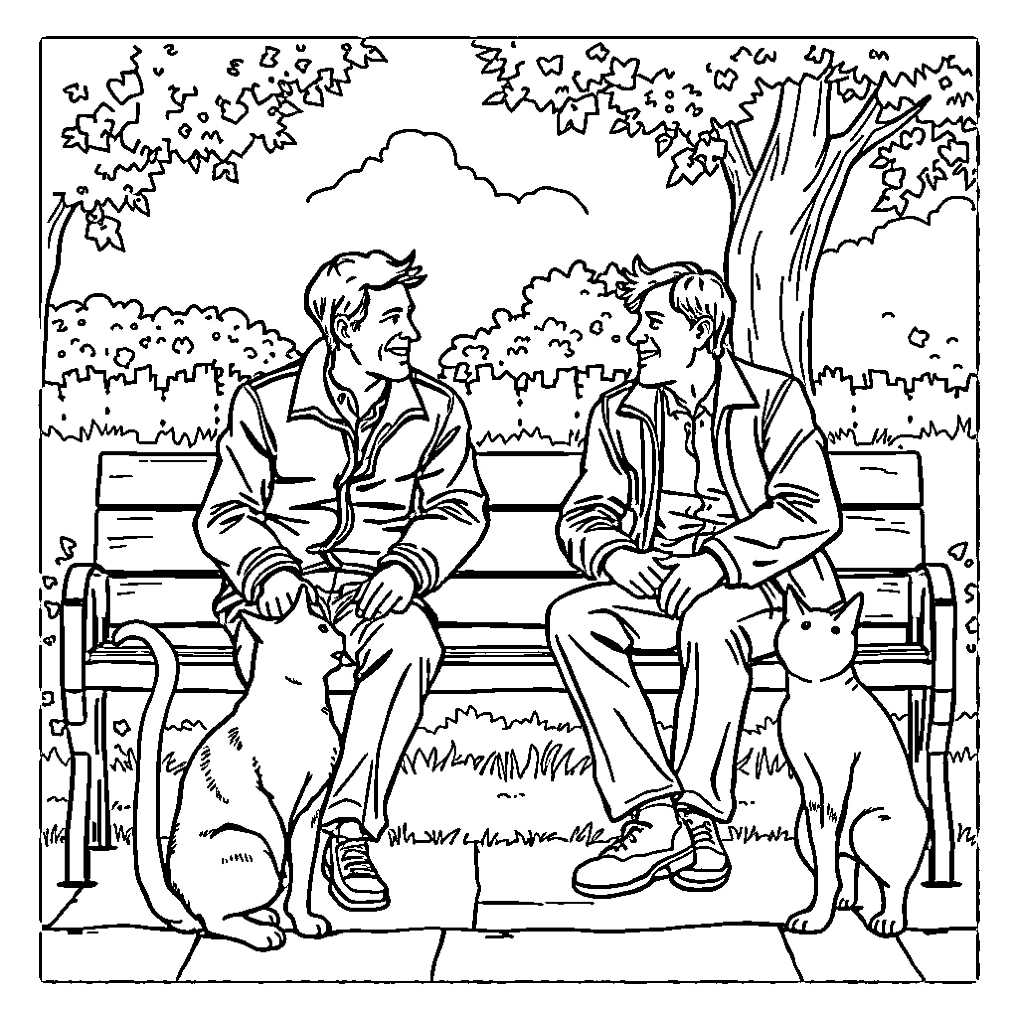 Cat observing people on a park bench Coloring Page (free black-and-white line drawing printable PDF for all, from beginners to advanced learners, including children, teens, adults, and seniors)