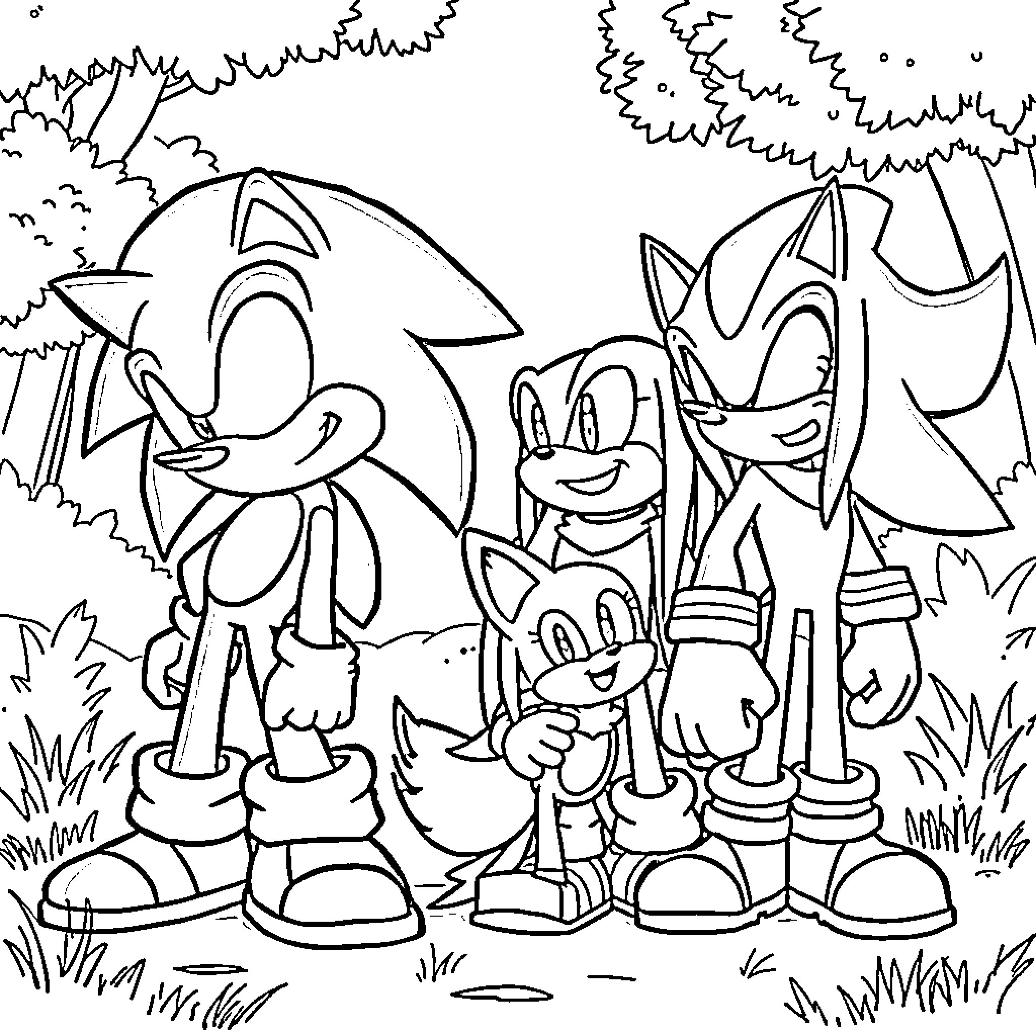 Sonic characters on a forest adventure Coloring Page (free black-and-white line drawing printable PDF for all, from beginners to advanced learners, including children, teens, adults, and seniors)
