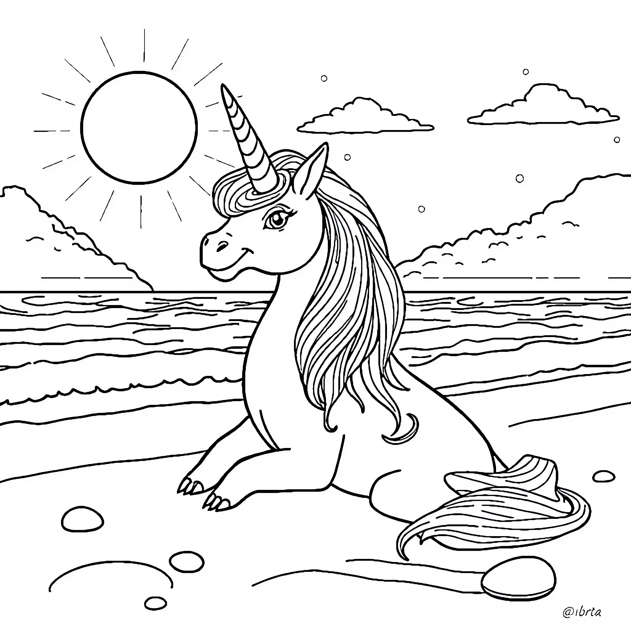 Unicorn relaxing on the beach with the sun Coloring Page (free black-and-white line drawing printable PDF for all, from beginners to advanced learners, including children, teens, adults, and seniors)