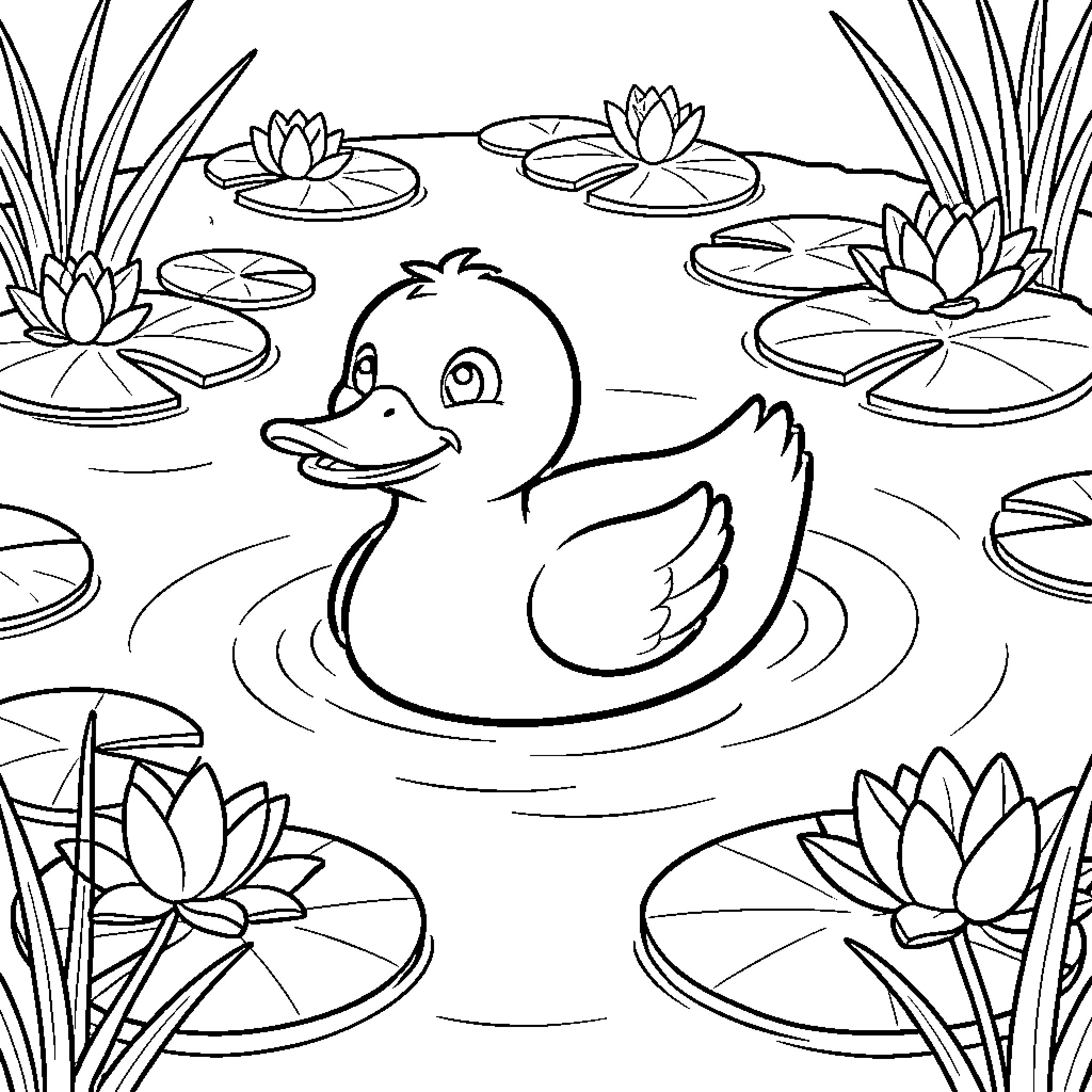 Duck swimming joyfully in a lily pond Coloring Page (free black-and-white line drawing printable PDF for all, from beginners to advanced learners, including children, teens, adults, and seniors)