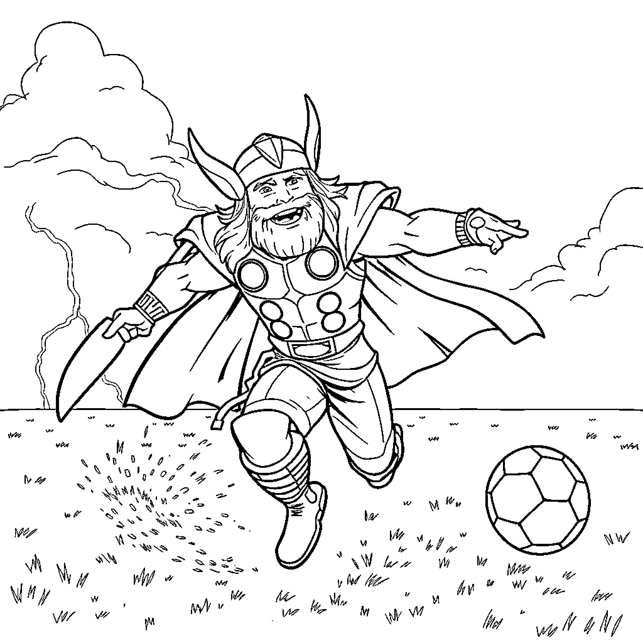 Thor kicking a soccer ball in a field Coloring Page (free black-and-white line drawing printable PDF for all, from beginners to advanced learners, including children, teens, adults, and seniors)