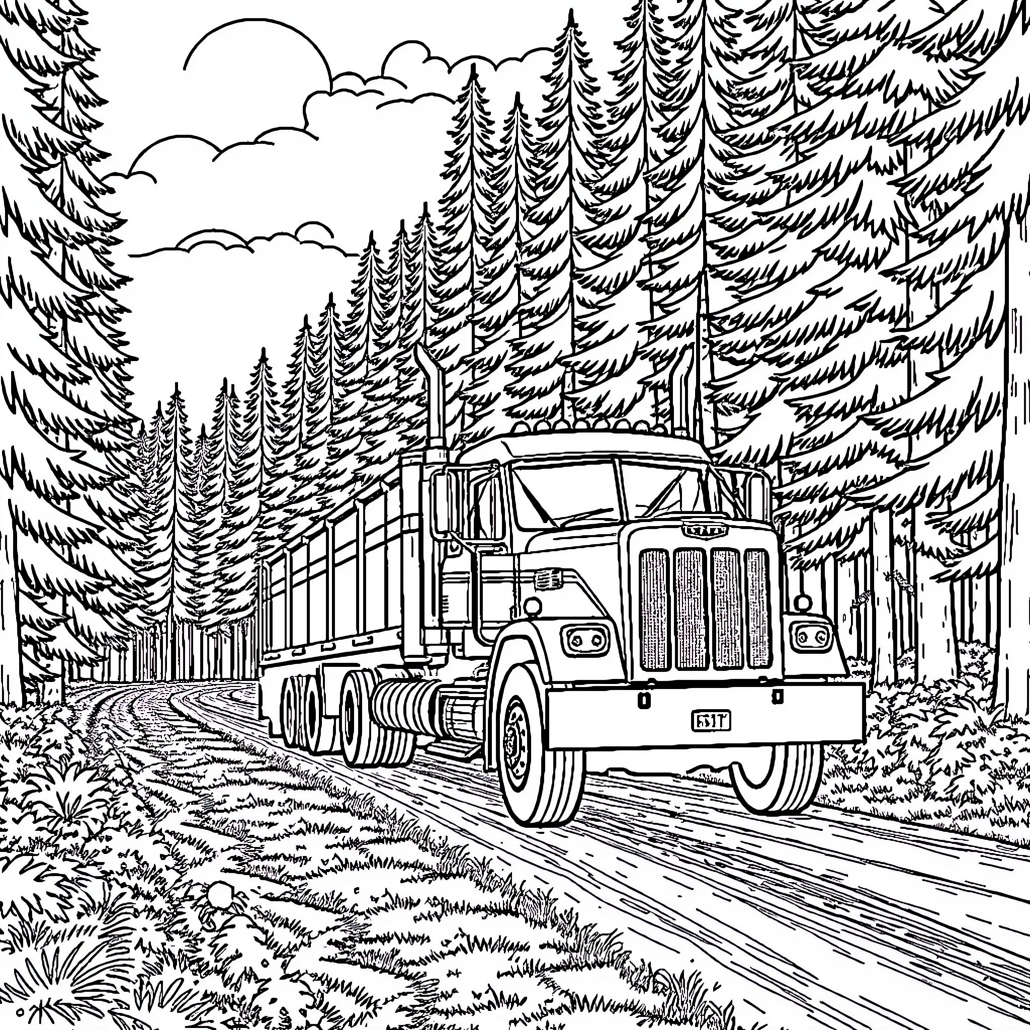 Mack Truck transporting logs through the forest Coloring Page (free black-and-white line drawing printable PDF for all, from beginners to advanced learners, including children, teens, adults, and seniors)