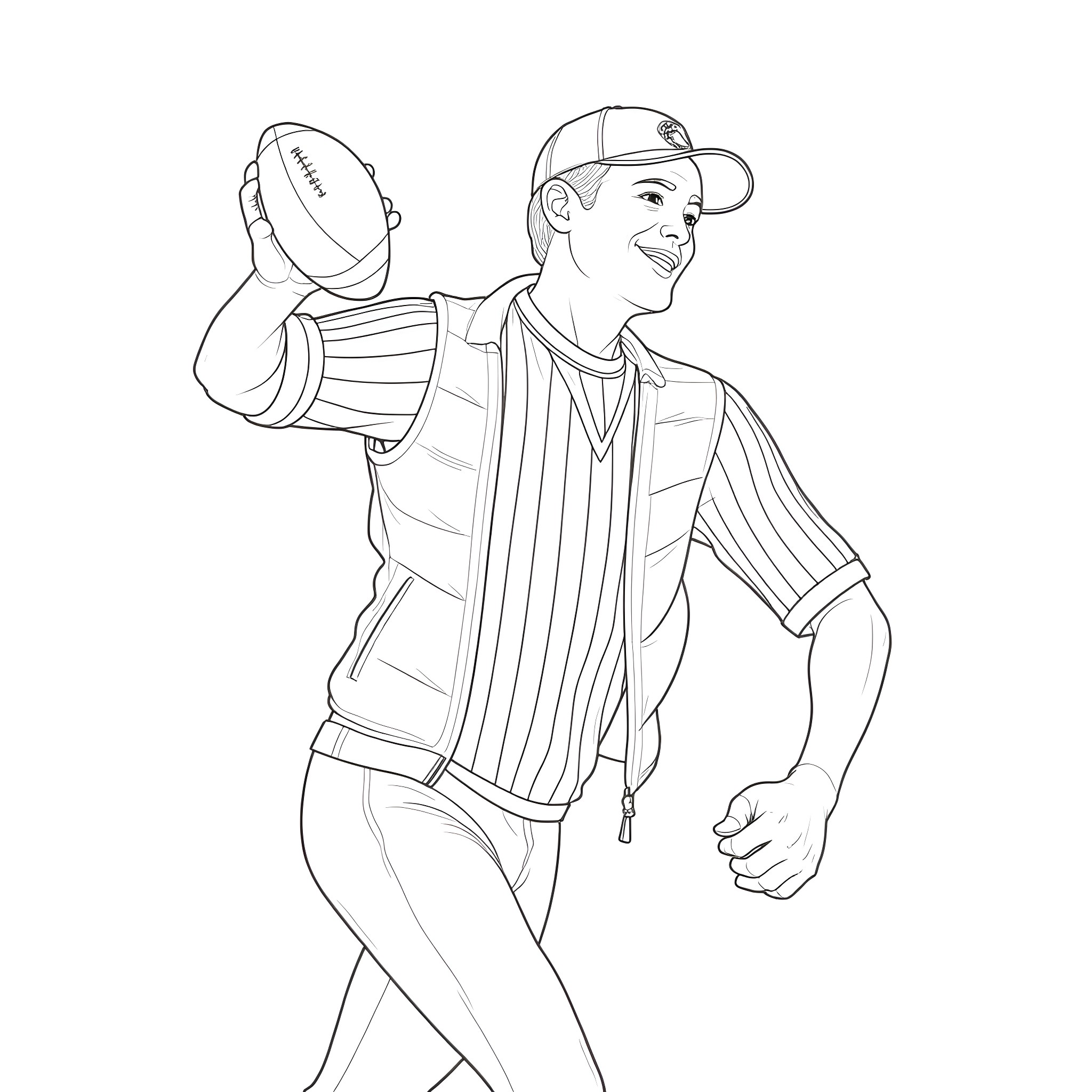 Man playing American football in uniform Coloring Page (free black-and-white line drawing printable PDF for all, from beginners to advanced learners, including children, teens, adults, and seniors)