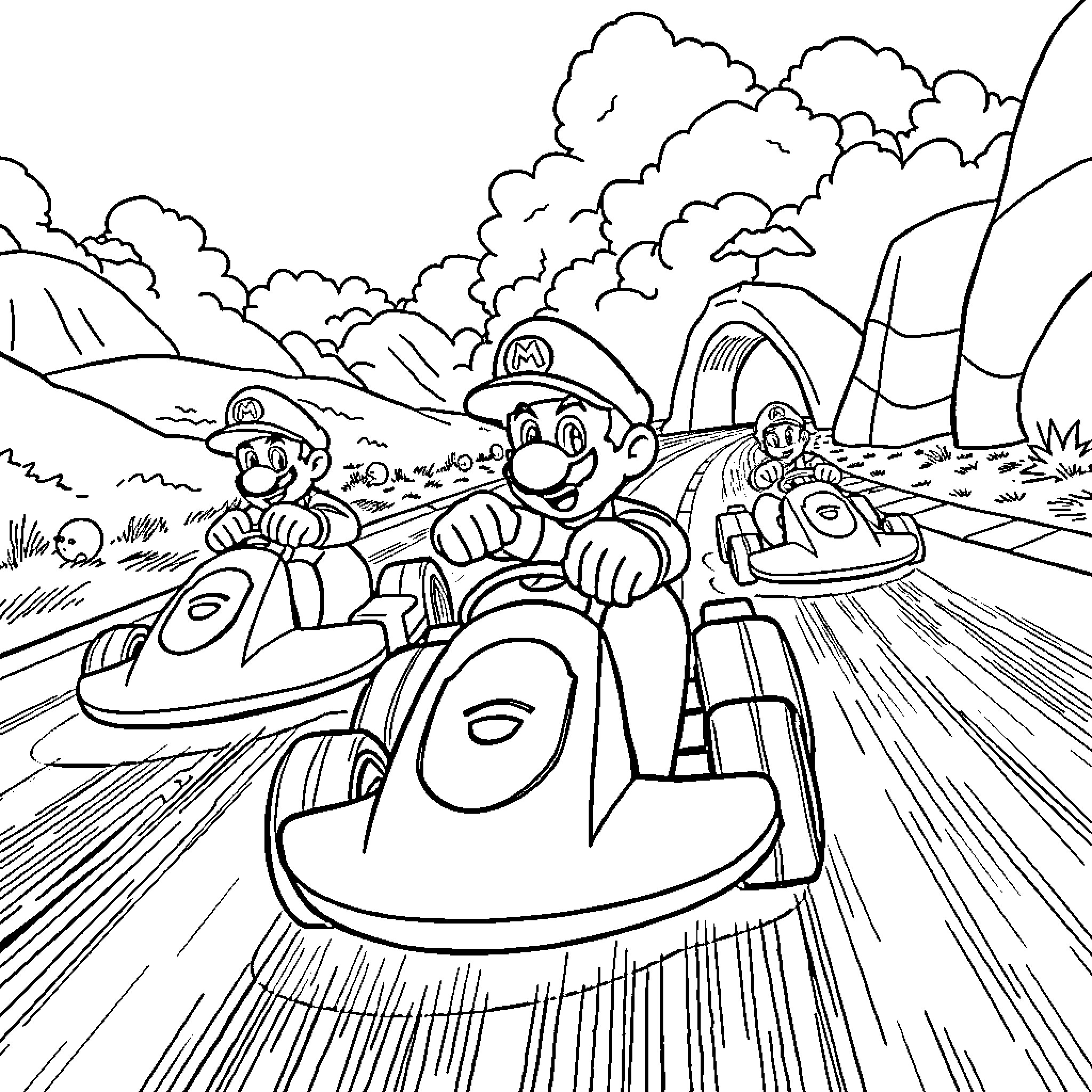 Mario Kart Racers Speeding Through Countryside Coloring Page (free black-and-white line drawing printable PDF for all, from beginners to advanced learners, including children, teens, adults, and seniors)