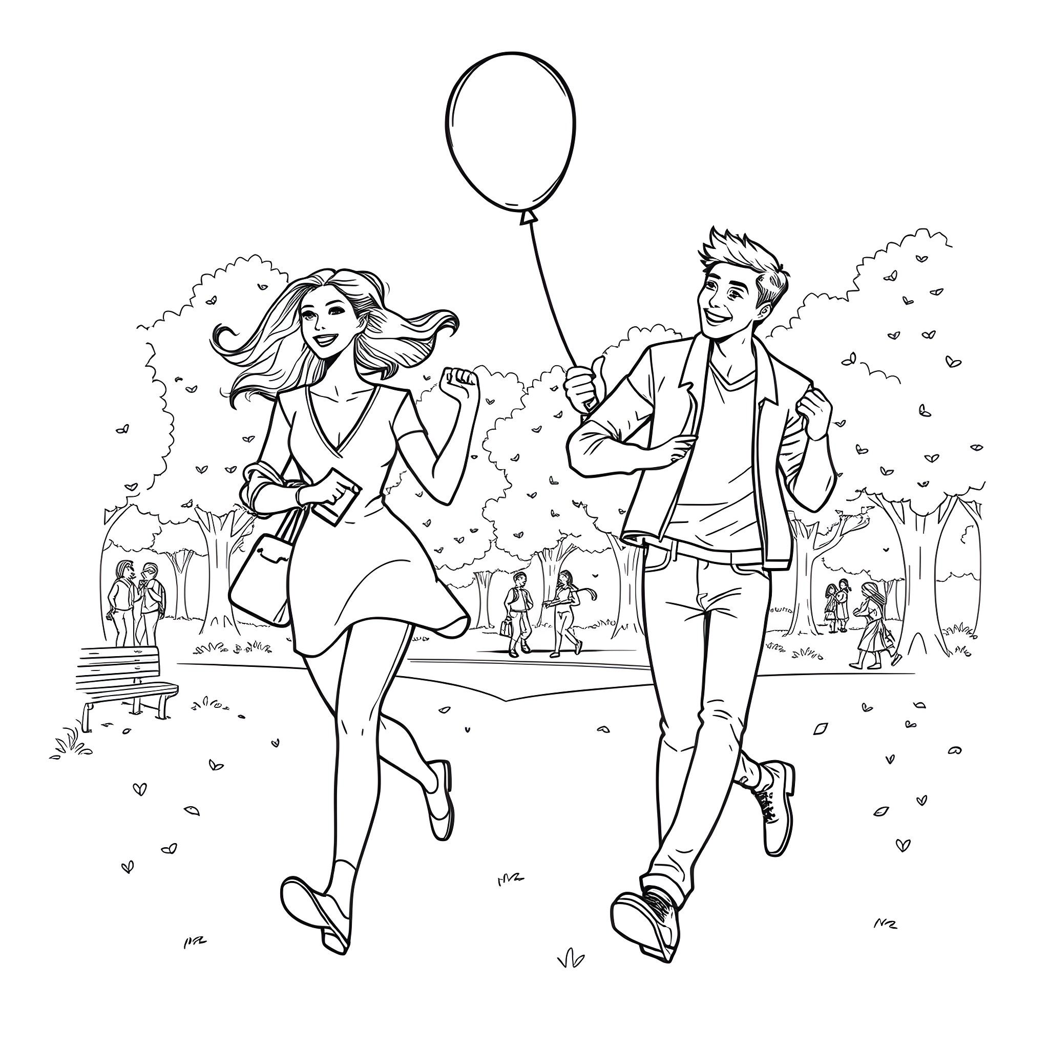 Woman and man enjoying a leisurely stroll in the park Coloring Page (free black-and-white line drawing printable PDF for all, from beginners to advanced learners, including children, teens, adults, and seniors)