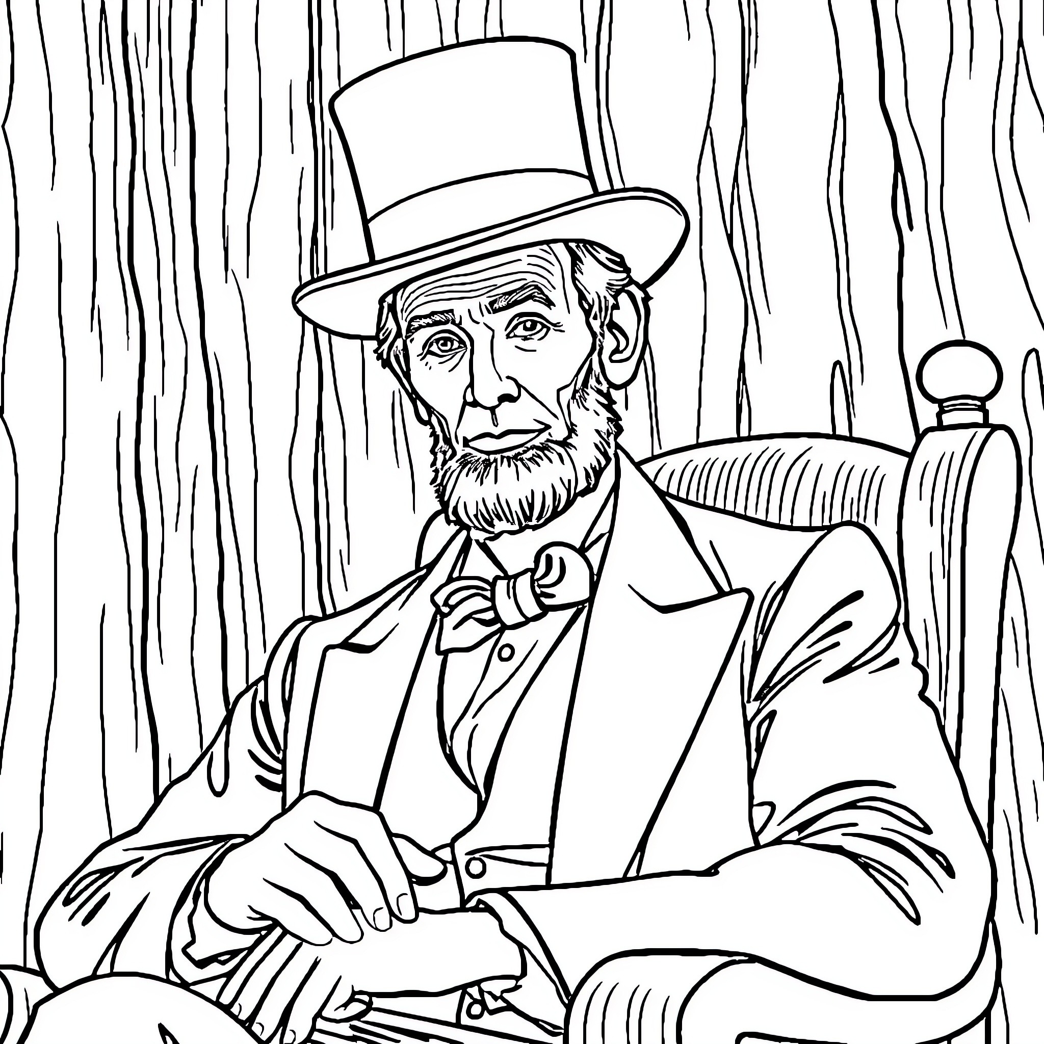 Abraham Lincoln in a Pensive Pose Coloring Page (free black-and-white line drawing printable PDF for all, from beginners to advanced learners, including children, teens, adults, and seniors)