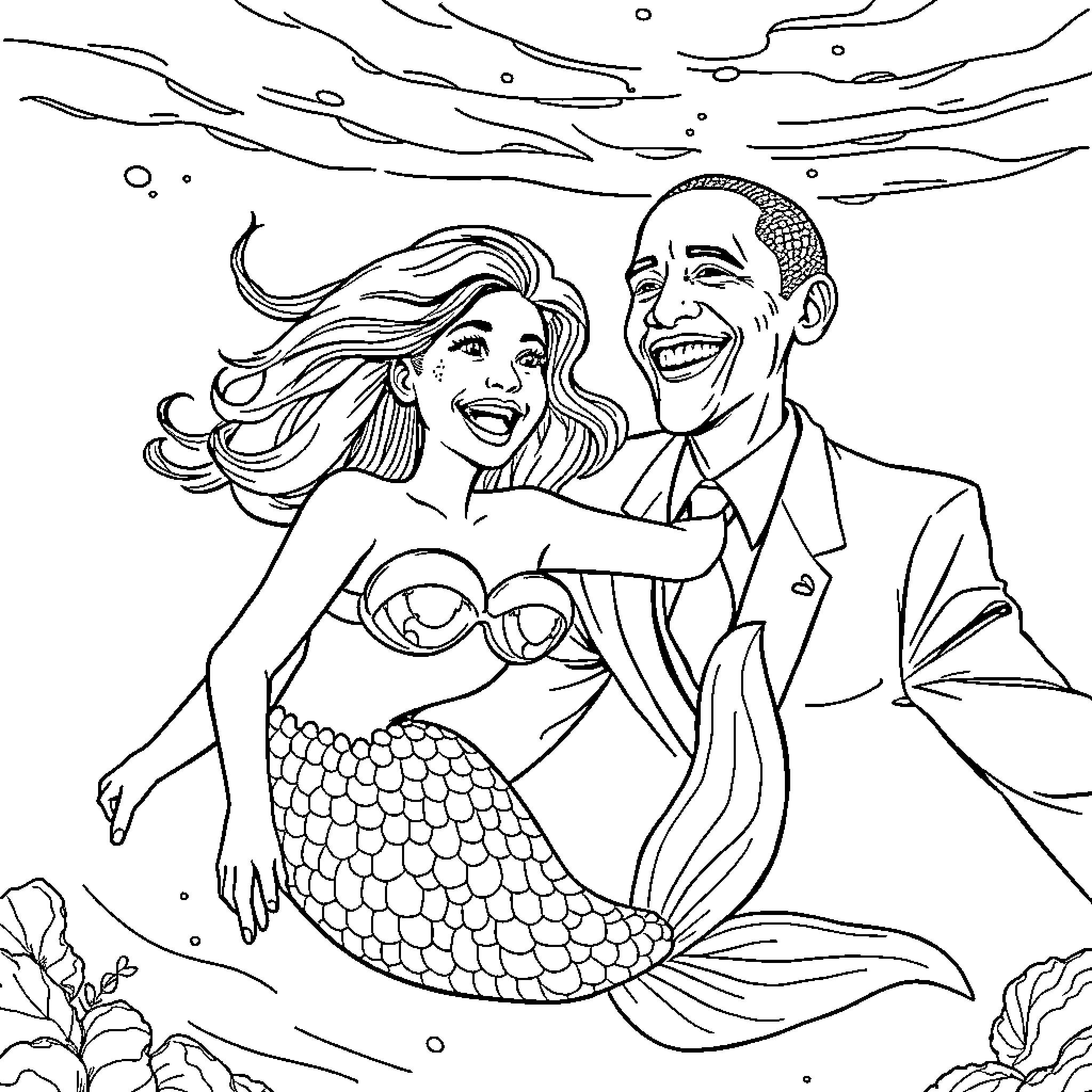 Mermaid and President Enjoying Ocean's Embrace Coloring Page (free black-and-white line drawing printable PDF for all, from beginners to advanced learners, including children, teens, adults, and seniors)