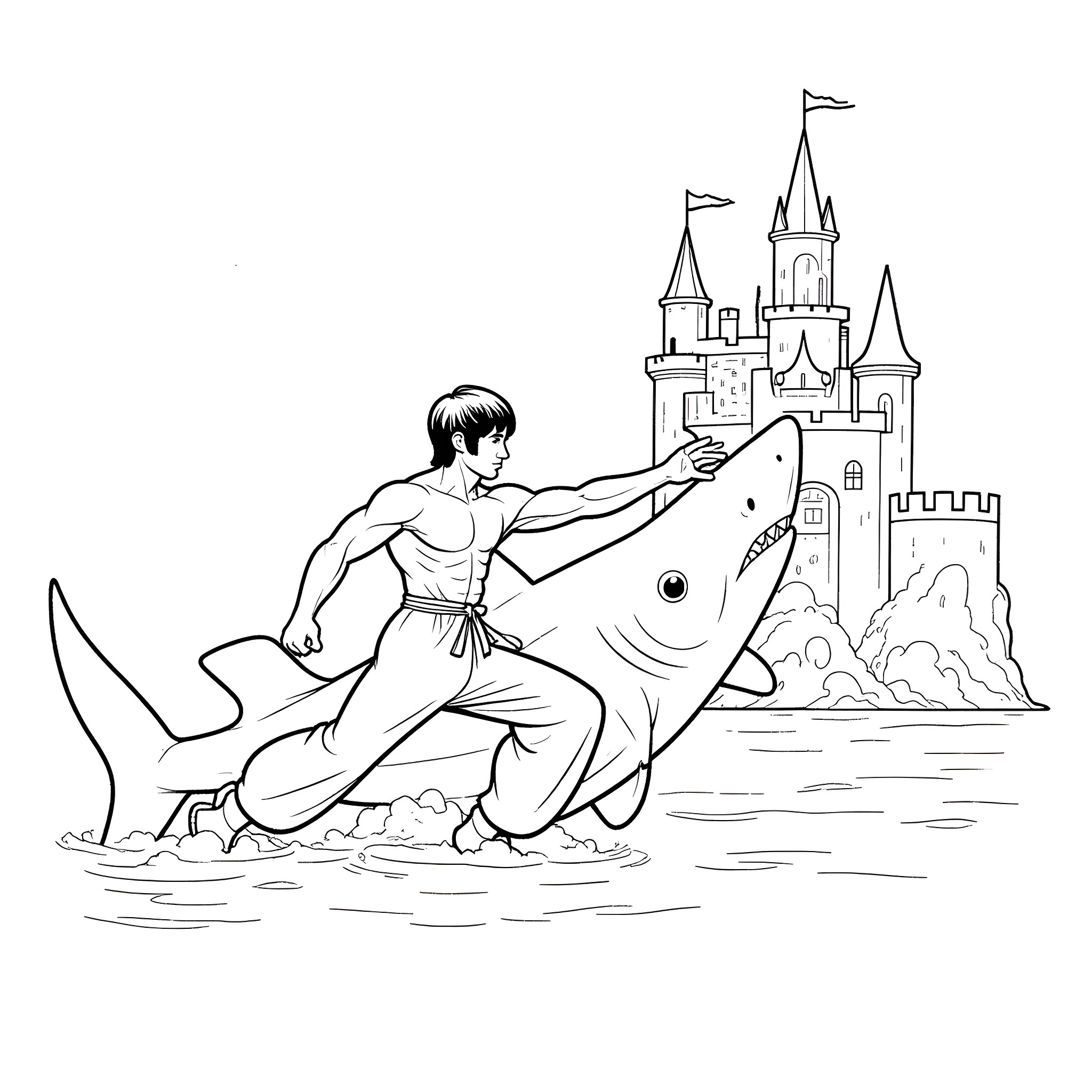 Bruce Lee riding a shark towards a castle Coloring Page (free black-and-white line drawing printable PDF for all, from beginners to advanced learners, including children, teens, adults, and seniors)