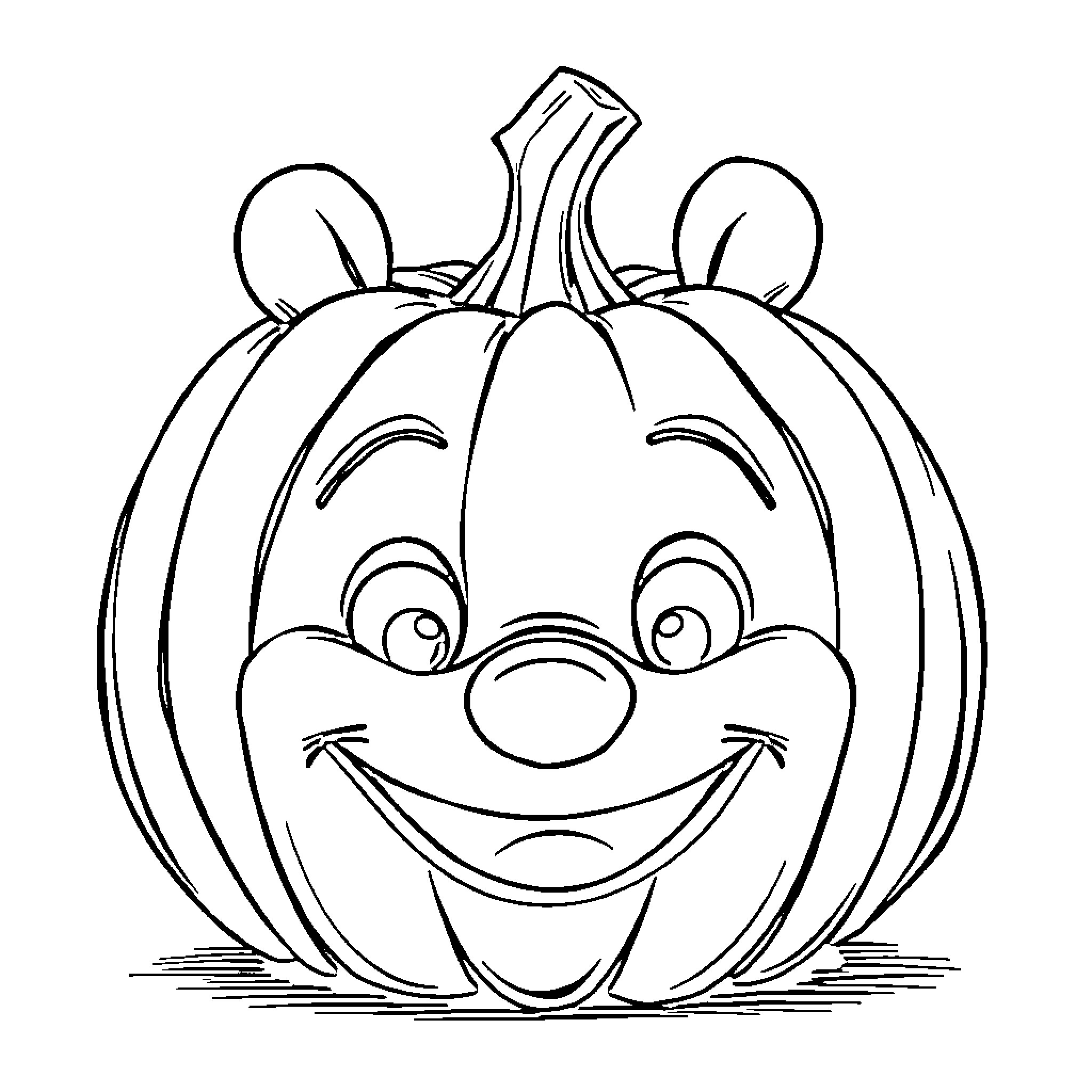 Pumpkin with a cheerful expression Coloring Page (free black-and-white line drawing printable PDF for all, from beginners to advanced learners, including children, teens, adults, and seniors)